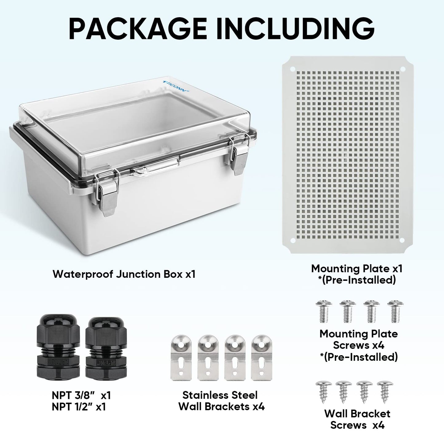 TICONN Waterproof Electrical Junction Box IP67 ABS Plastic Enclosure with Hinged Cover with Mounting Plate, Wall Brackets, Cable Glands (Clear, 11"x7.5"x5.5")