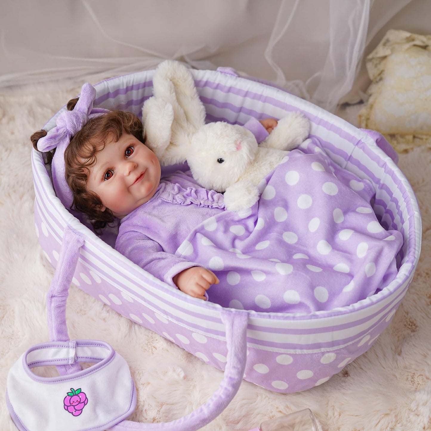 BABESIDE 8 Pcs Baby Doll Accessories, Reborn Baby Dolls Clothes with Bassinet for 17-22 Inch Baby Dolls, Outfit fit Newborn Babies Doll Girl, Babies Pretend Play Set