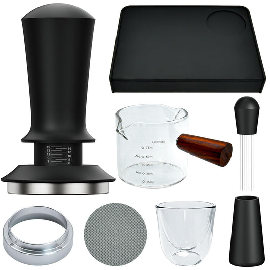 7 Pcs 51mm Espresso Accessories Kit, Spring Loaded Calibrated Tamper, WDT Tool, Coffee Measuring & Espresso Cup and Tamper Mat, Puck Screenr & Dosing Funnel, 51mm Espresso Machine Accessories