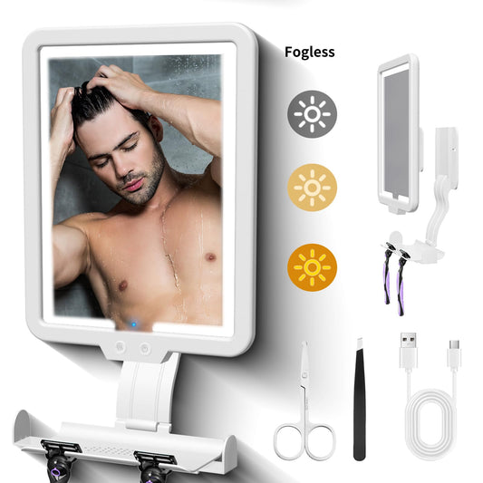 Large Bathroom Mirror, Heated Shower Mirror Fogless for Shaving,Anti-Fog Wall Mirror with 3 Color Light Dimming,Rechargeable Lighted Makeup Mirror Wall Mounted Bathroom Mirror with Lights Tweezers