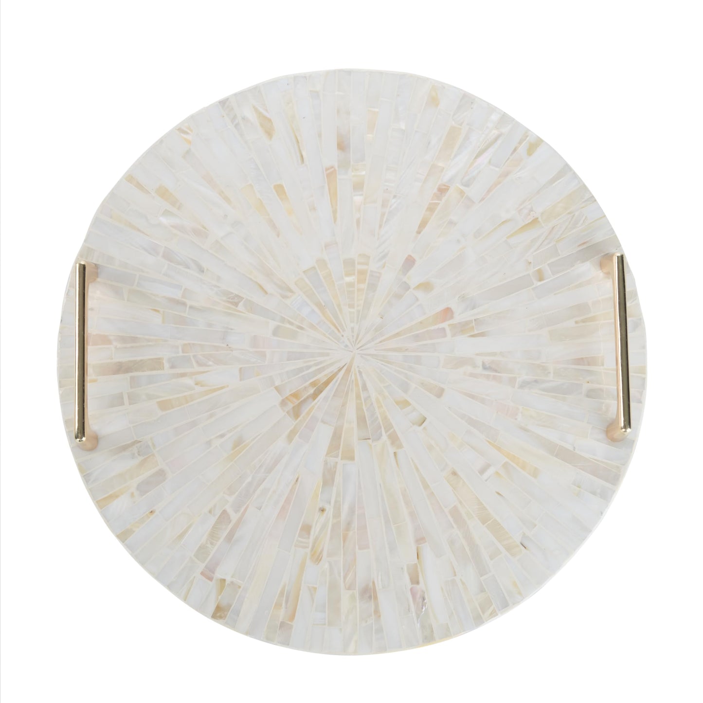 PEMAR Mother of Pearl Decorative Tray, 13"" Round with Gold Metal Handles, Vanity/Perfume/Trinket Tray, Catchall for Dresser, Bathroom, Vanity Table (White Sunlight)