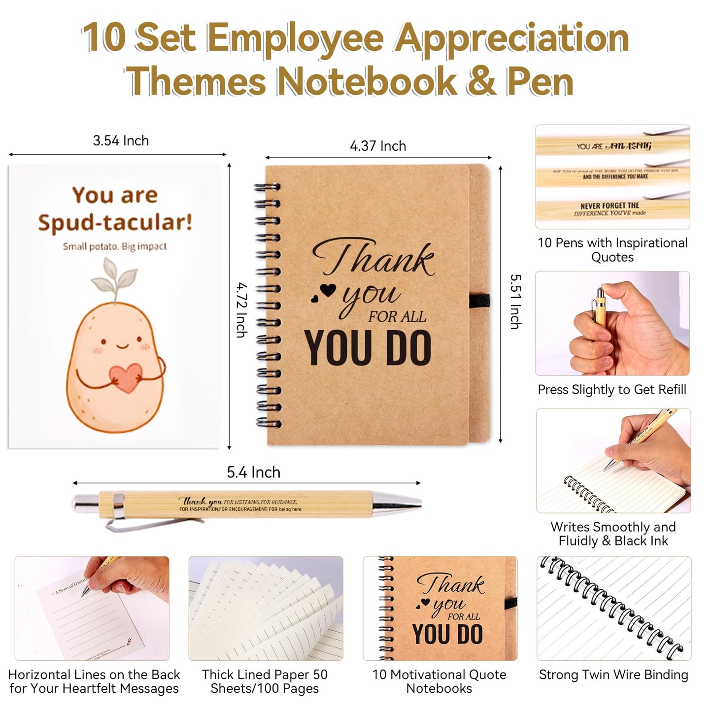 60 PCS/10 Sets Teacher Employee Appreciation Gifts Bulk – Thank You Gifts for Coworkers with Kraft Paper Gift Bags,Greeting Card,Inspirational Notebooks,Phone Stand,Team Gift for Staff, Nurse, Office