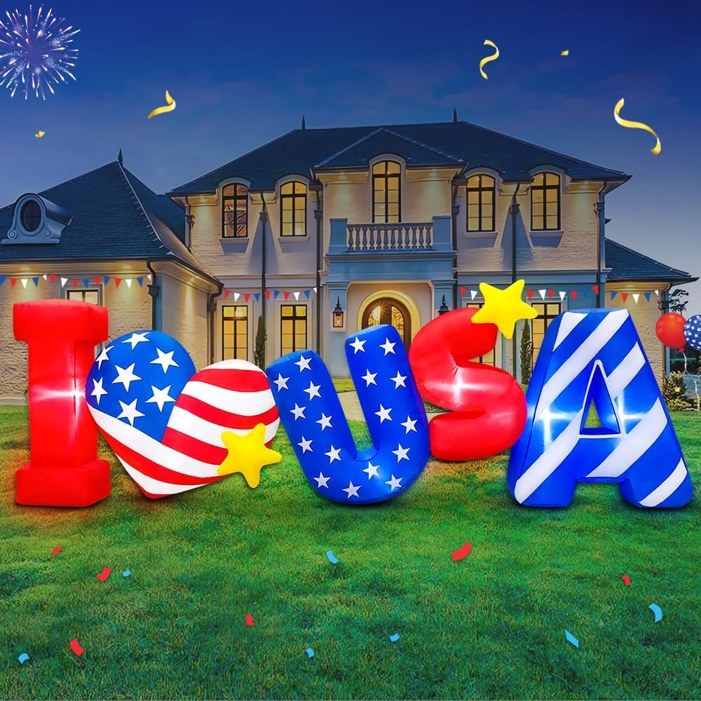 8FT Patriotic Independence Day 4th of July Inflatable Outdoor Decoration, Inflatables ILOVEUSA Decor, Built in LED Lights Blow Up Fourth of July Decor for Holiday Party Garden Yard Lawn