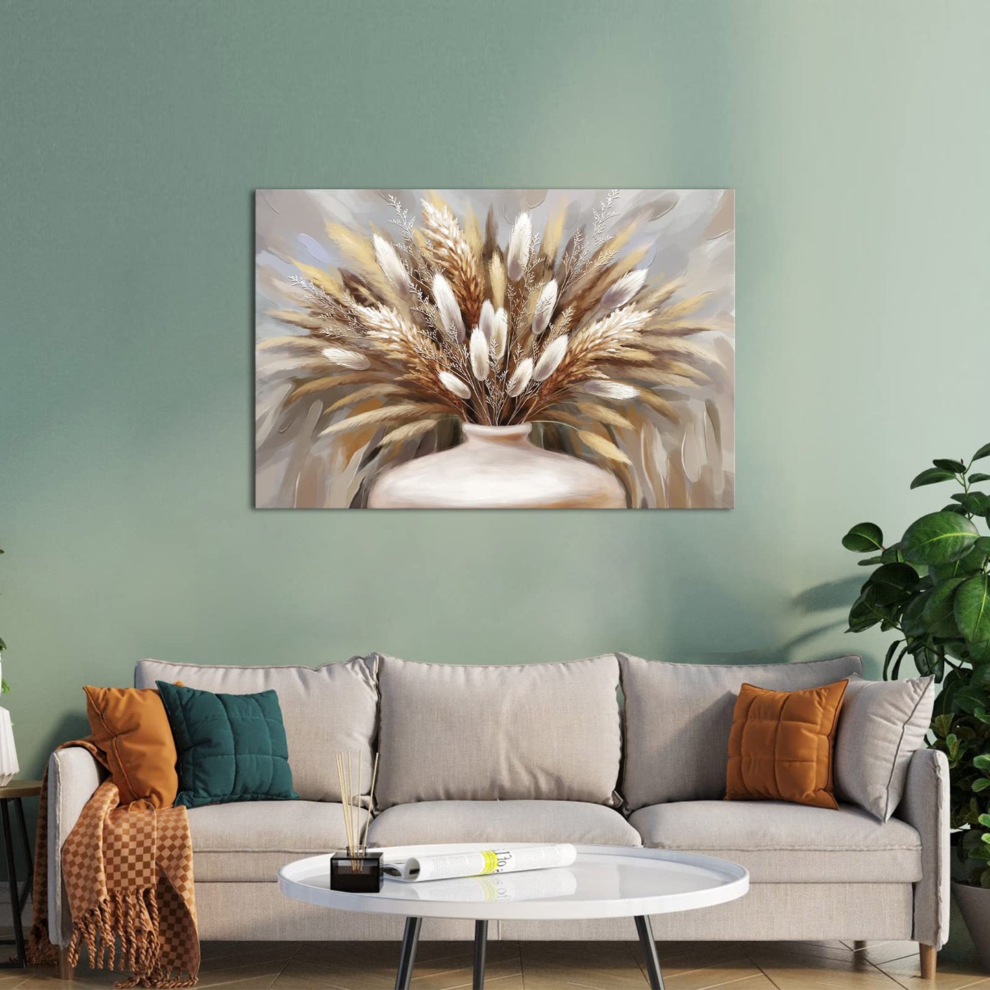 iHAPPYWALL Large Pampas Grass Wall Art Boho Botanical Modern Farmhouse Plant Dried Floral Grass in Vase Canvas Prints for Home Kitchen Bedroom Stretched and Framed Ready to Hang 24x36inch