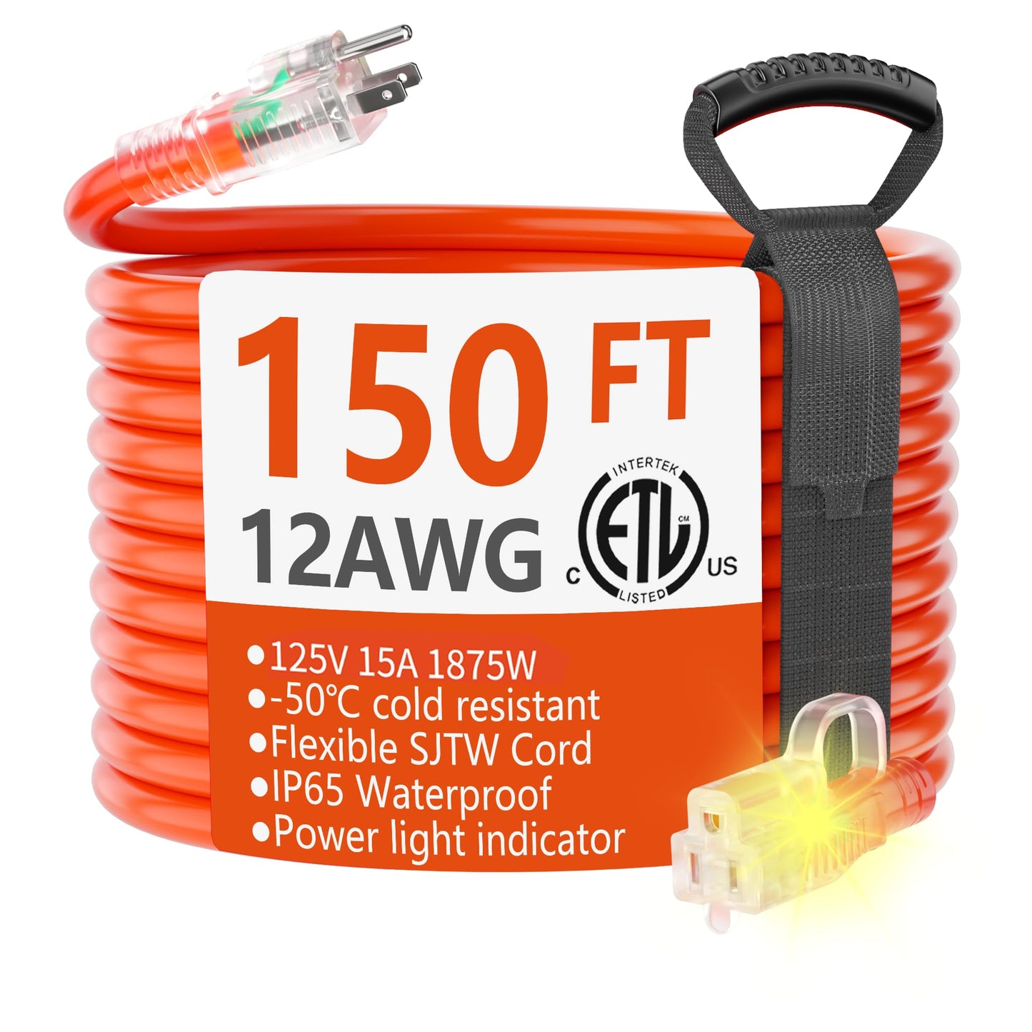 HUANCHAIN 150 ft Outdoor Extension Cord Waterproof 12/3 Gauge Heavy Duty with Lighted end, Flexible Cold-Resistant 3 Prong Electric Cord Outside, 15Amp 1875W 12AWG SJTW, Orange, ETL
