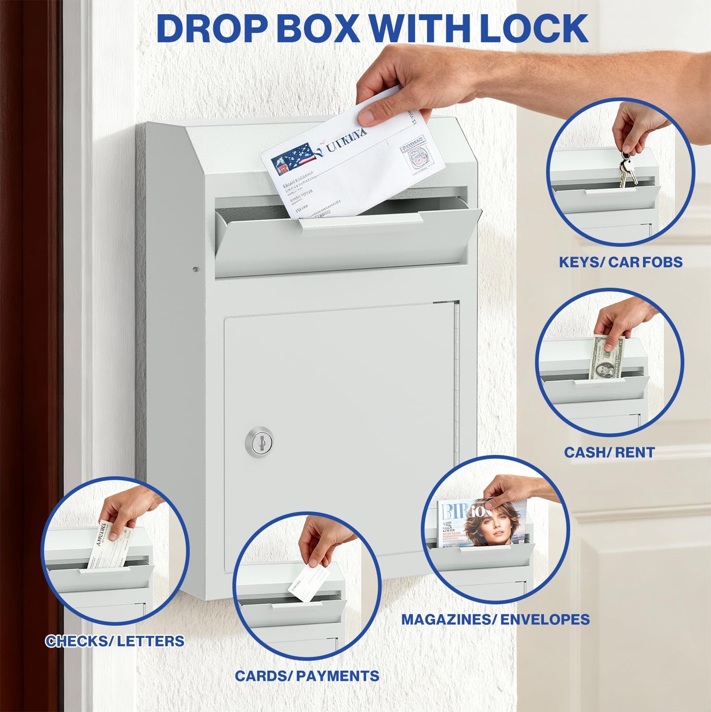 POCHAR Metal Wall Mount Locking Deposit Drop Box Safe - Heavy Duty Lock Box for Keys, Rent, Checks, Money, and Mail Envelopes (9.75” x 4.25” x 14.75”) (White)