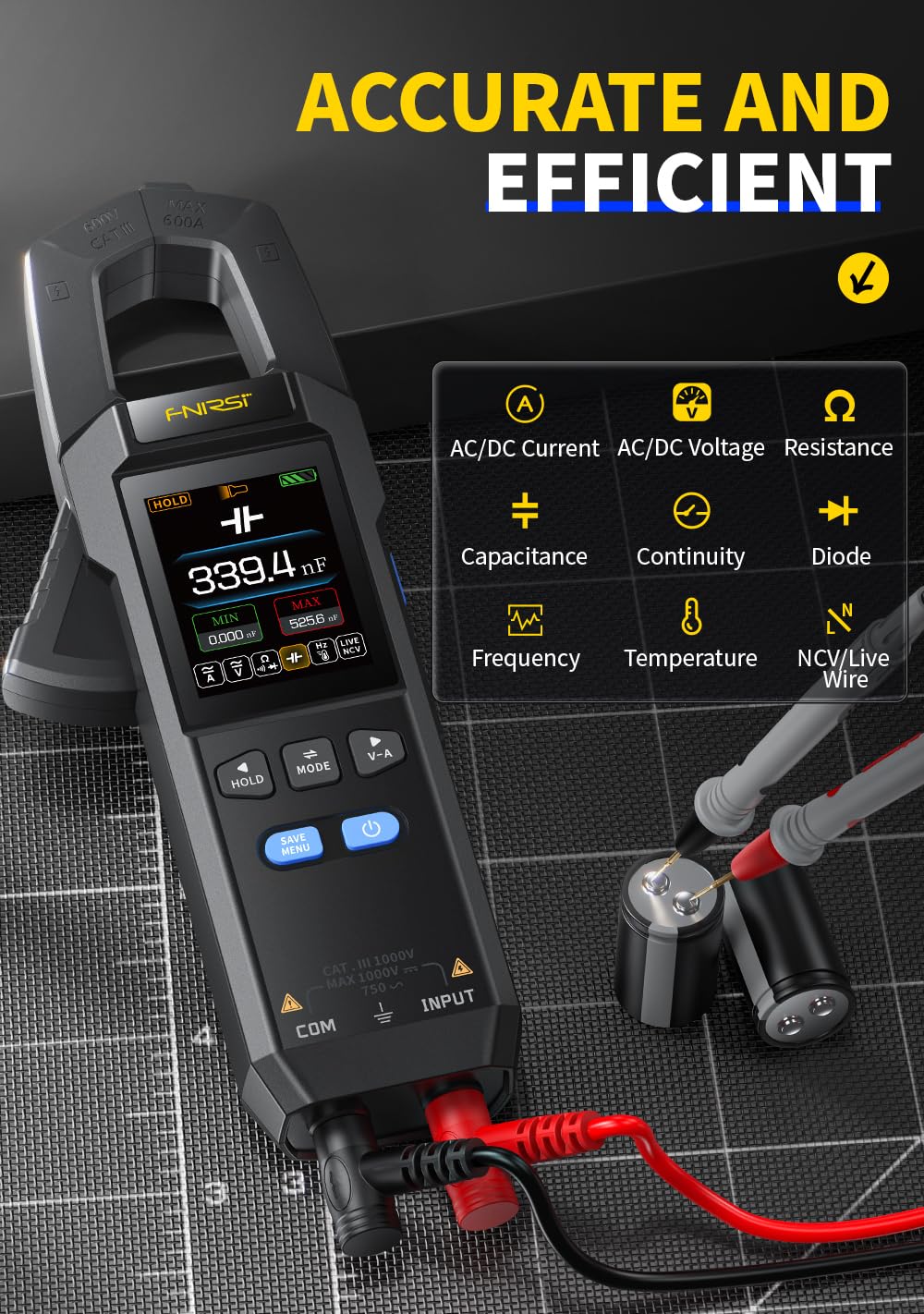 FNRSI DMC-100 Digital Clamp Meter Multimeter 10000 Counts for AC/DC Current/Voltage/Diode/Resistance/Capacitor/Continuity/Temperature/Frequency/Zero Live Wire/NCV Test with Flashlight Blacklight