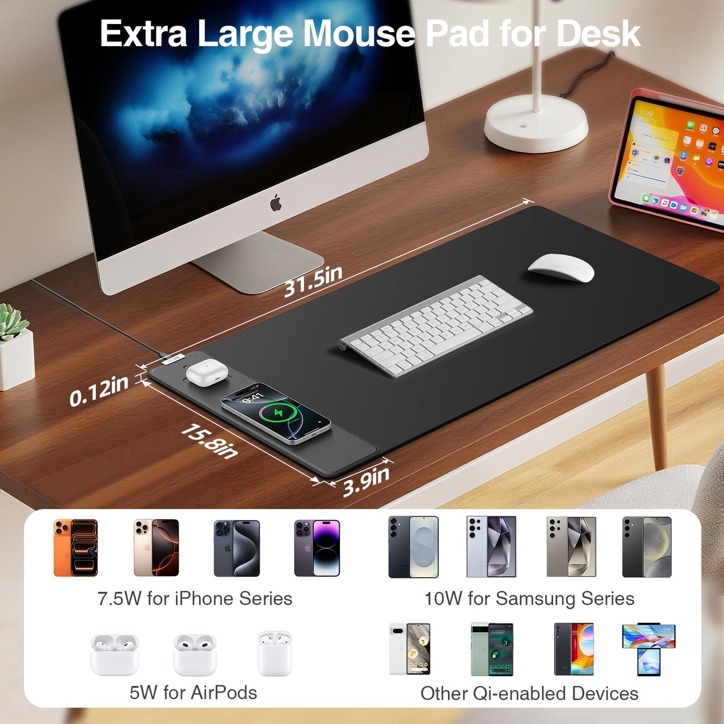 Mouse Pad with Magnetic Wireless Charger, 31.5"x15.8" Large Gaming Desk Mat, Non-Slip Base, Waterproof Ultra-Smooth Keyboard Pad for Gamer, Office & Home, Black