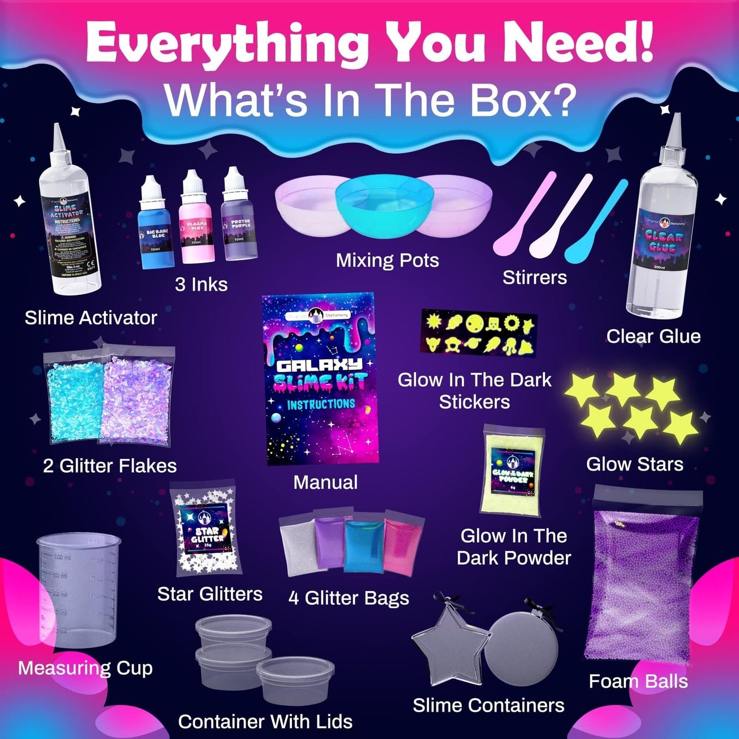 Original Stationery Galaxy Slime Kit, Fun Slime Set with Glow in The Dark Stickers and Glow in The Dark Powder to Make Glitter Slimes & Galactic Slimes