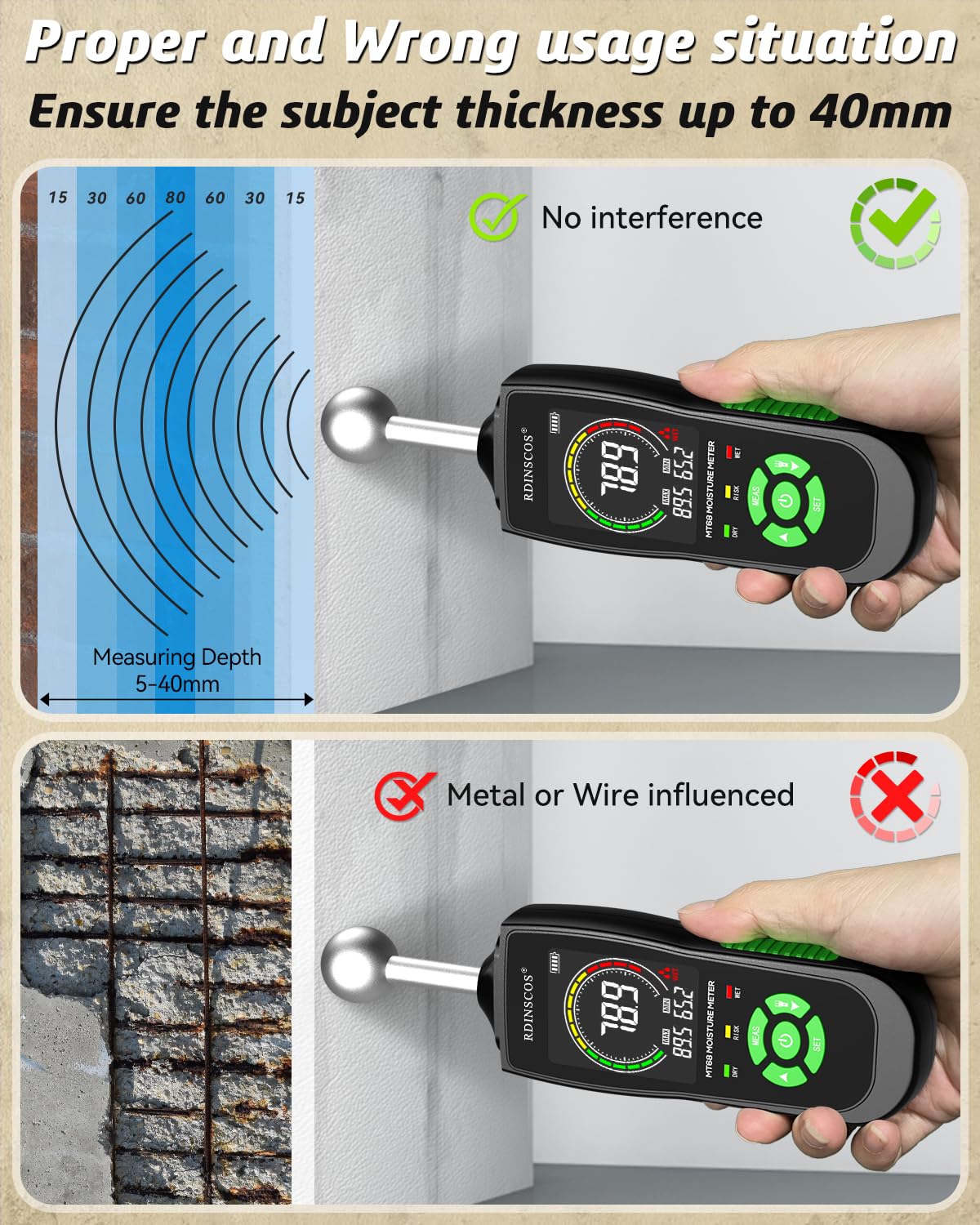 Moisture Meter for Drywall, Wood Moisture Meters for Walls, Firewood Floor Humidity Detector Lumber Humidity Tester Paper Cerimic Ceiling Firewood Cardboard Humidity Building Material
