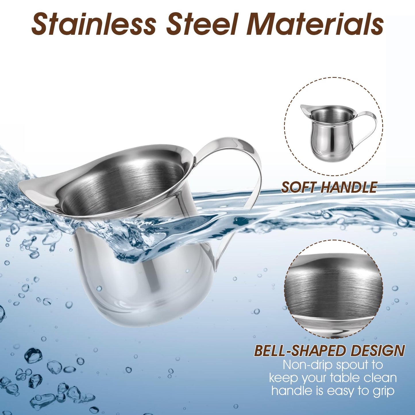 Molain 36 Pcs Stainless Steel Bell Creamers, 3 oz Mini Creamer Pitcher with Handle and Pouring Spout Cup Container for Serving Milk Coffee Salad Dressing Maple Syrup Espresso Machine Restaurant Cafes