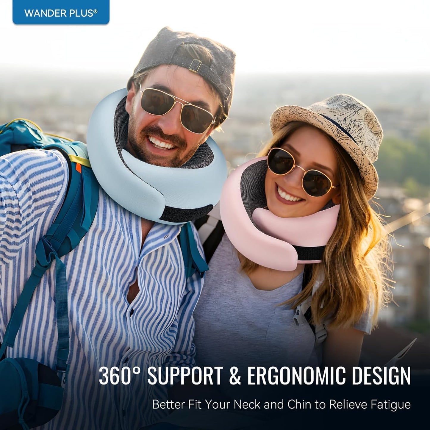 WANDER PLUS® Travel Neck Pillow, Pure Memory Foam Neck Pillow for Airplanes, Comfortable Breathable Cover, 360 Degree Support Ergonomic Design Best for Sleeping Plane Train Travel Essentials Max Pink