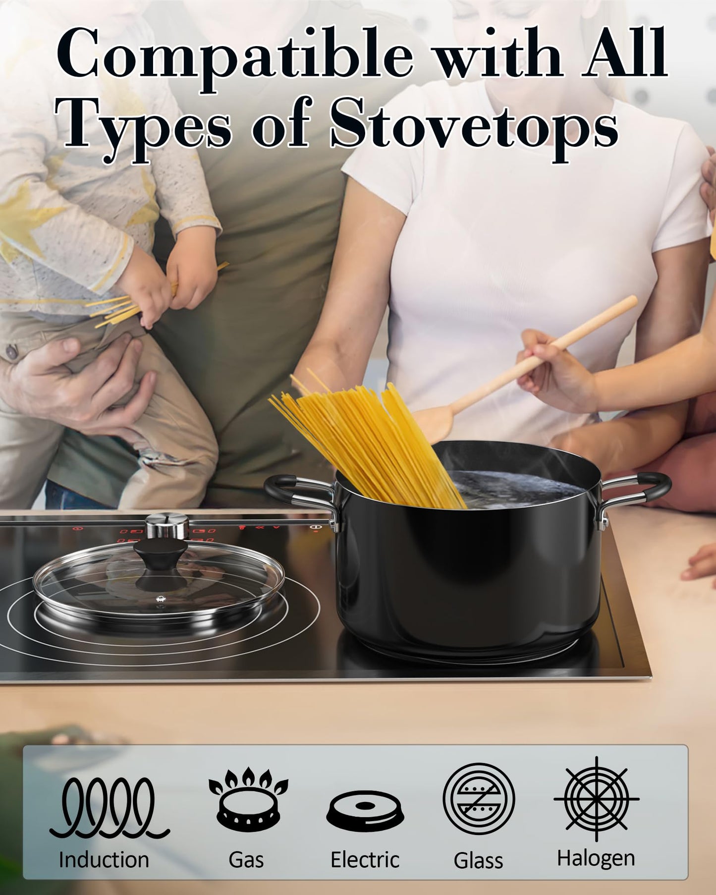 Cook N Home Professional 6 Quart Nonstick Stock Pot with Lid, Riveted Handles, Soup Pot for Holiday Feasts, Stockpot with Even Heating, Induction Cookware, Oven & Dishwasher Safe, Black