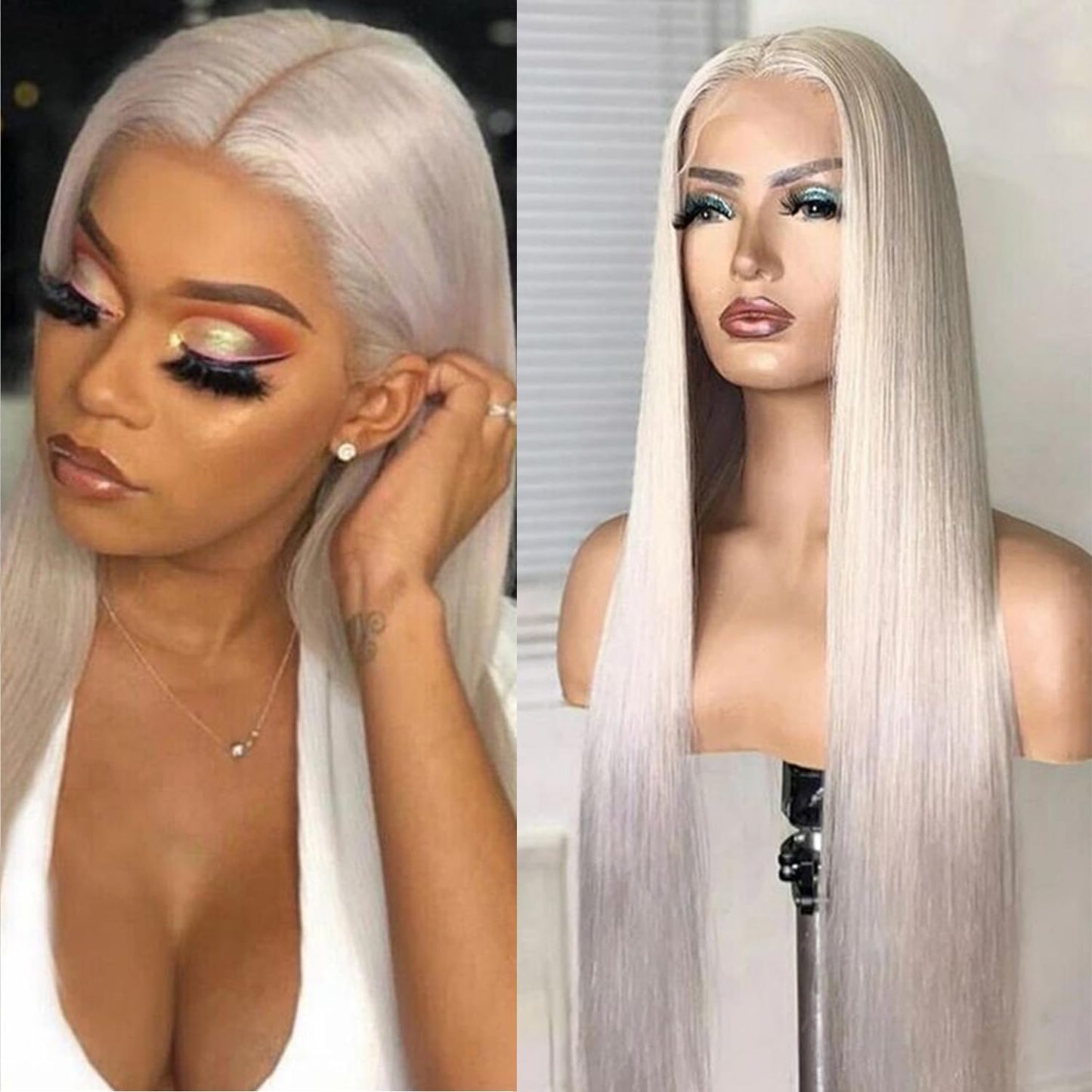 Missyvan White Hair Color Lace Front Wig Long Straight Hair Wigs Platinum Blonde Heat Resistant Fiber Hair Synthetic Lace Front Wigs for Fashion Women