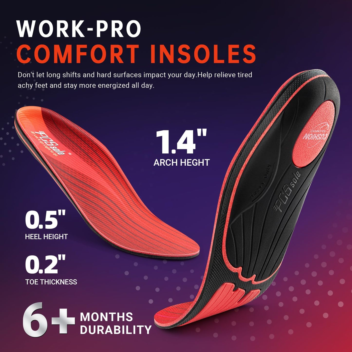 PCSsole Work Comfort Orthotic Insoles - 220+ lbs Heavy Duty High Arch Support Inserts with Shock Absorption - Foot Pain Relief for Plantar Fasciitis - Anti Fatigue - Work Boot Shoe Insoles Men Women