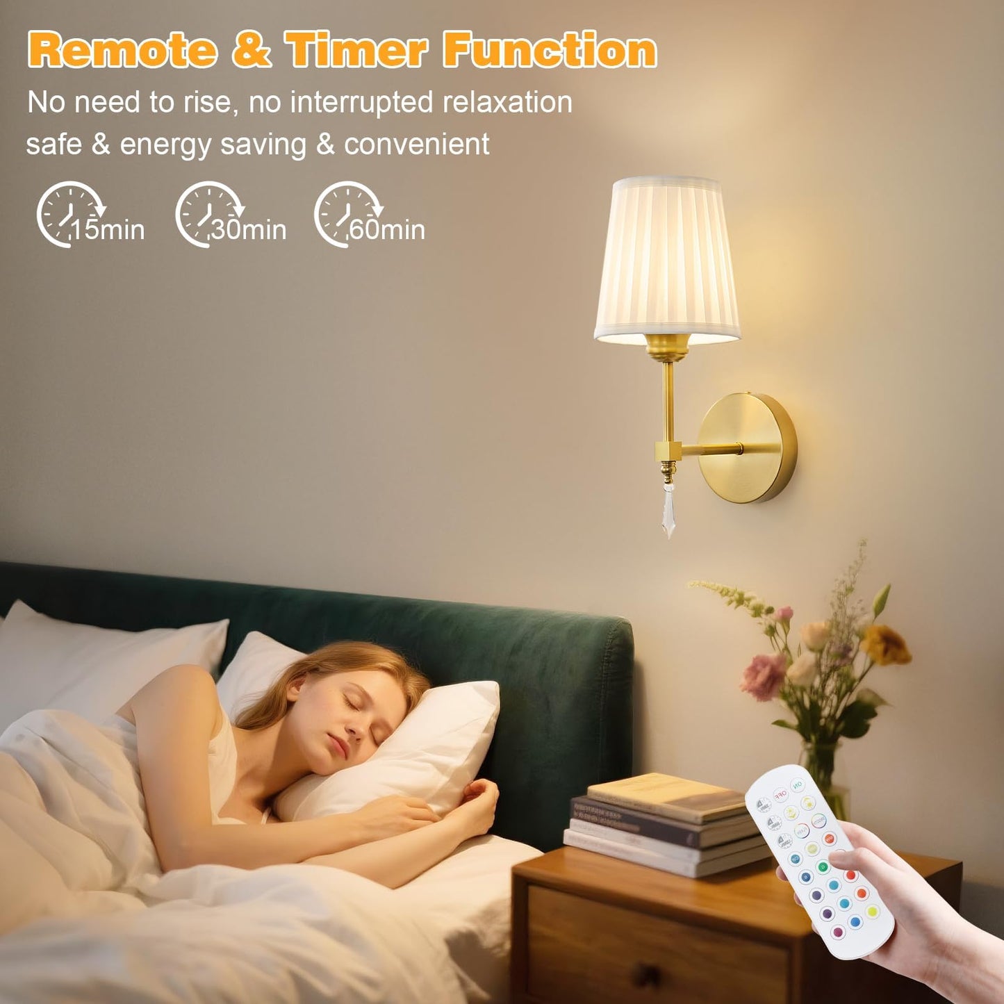 Battery Operated Wall Sconce Set of 2, 10000 Mah Rechargeable Wall Sconces Dimmable 12 RGBS,Remote Wireless Sconces,Gold Sconces Wall Decor Set of 2 Fabric,Cordless Wall Lamp for Bedroom,Living Room