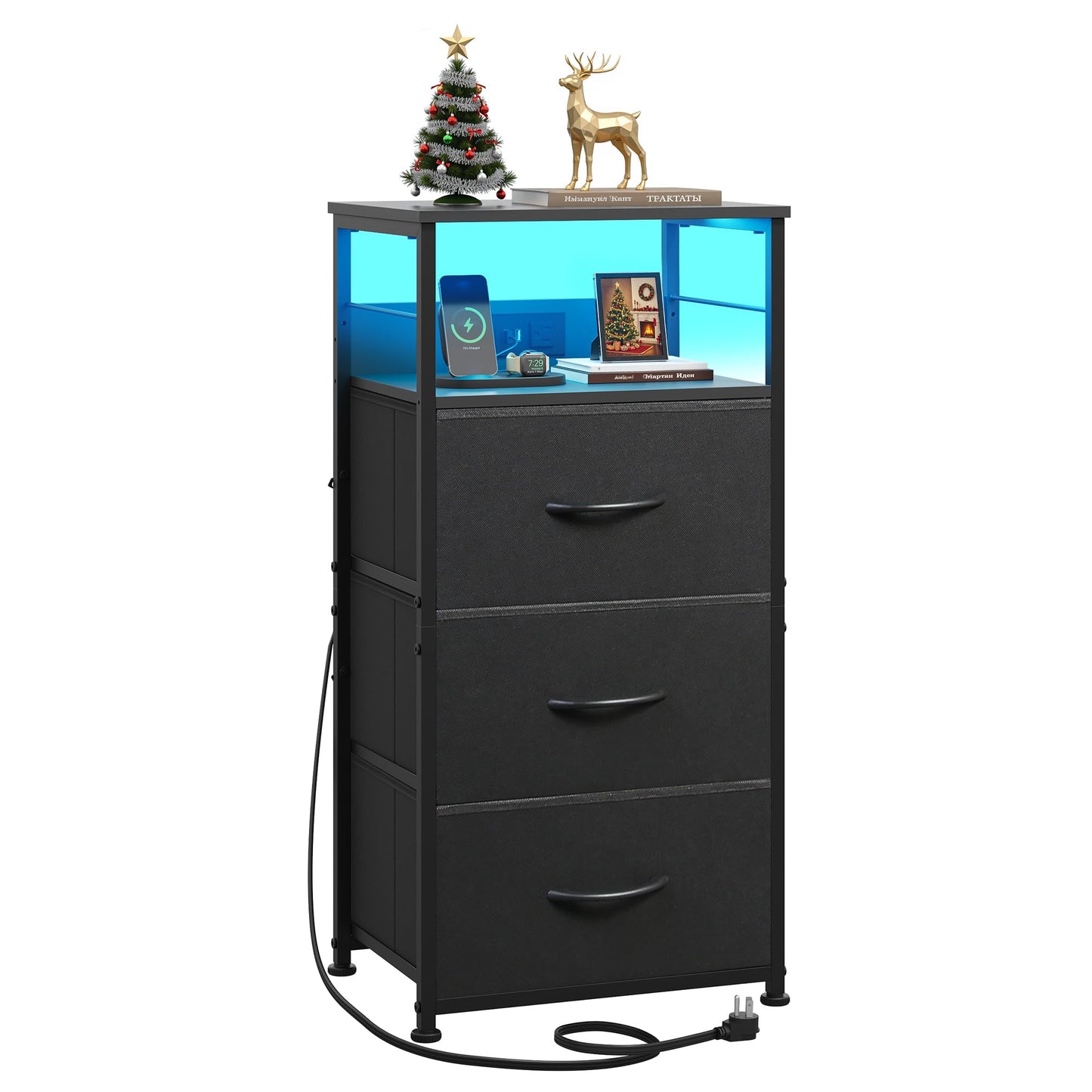 WLIVE Nightstand with Charging Station, 31.9" H Nightstand with 3 Fabric Drawers, LED Bedside Table with USB Ports and Outlets, End Table for Dorm, Bedroom, Entryway, Black