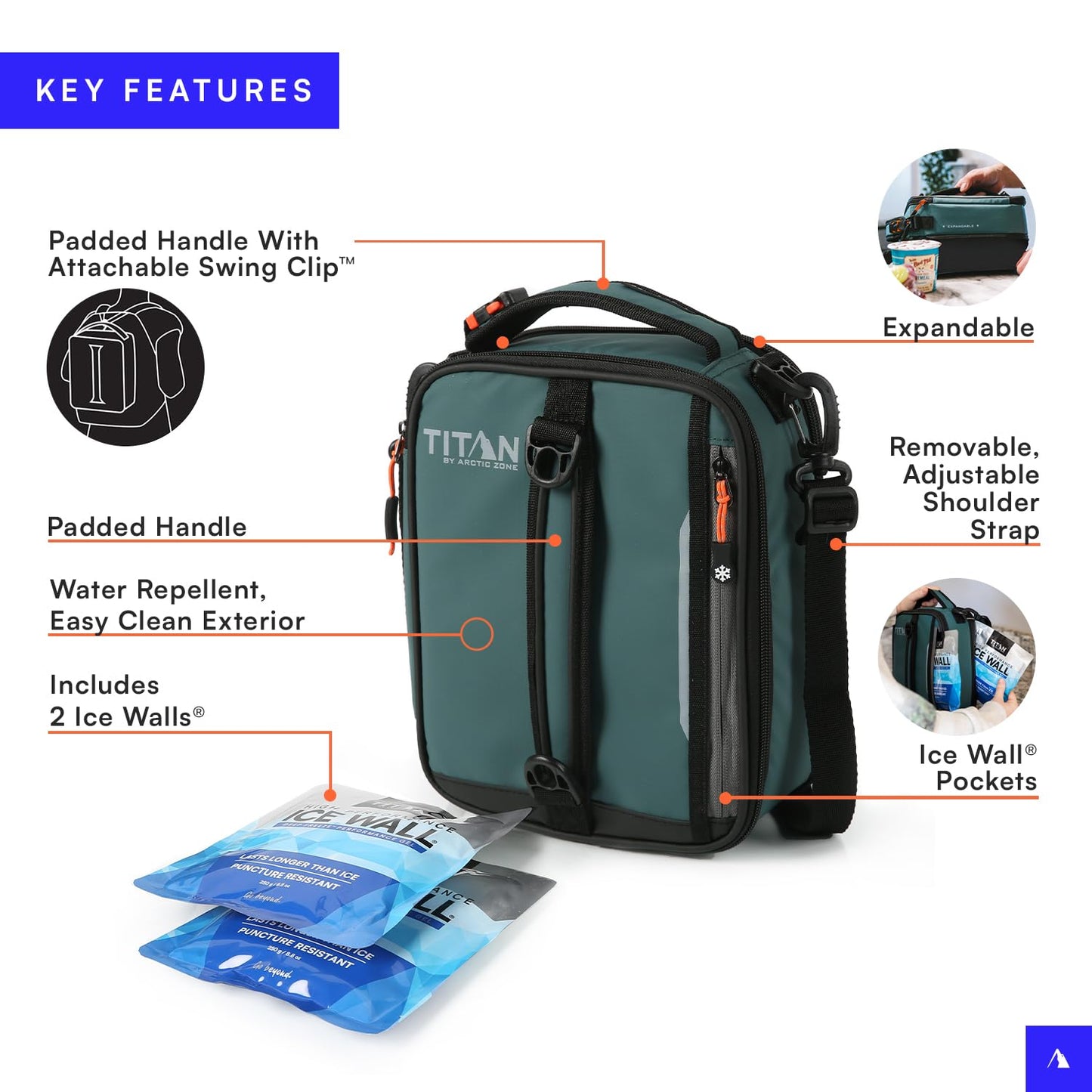 Titan by Arctic Zone Expandable Lunch Box with 2 Gel Ice Packs, Fridge Cold Insulated Cooler Bag with Leak Proof Lining for Men and Women, Jungle Hunt