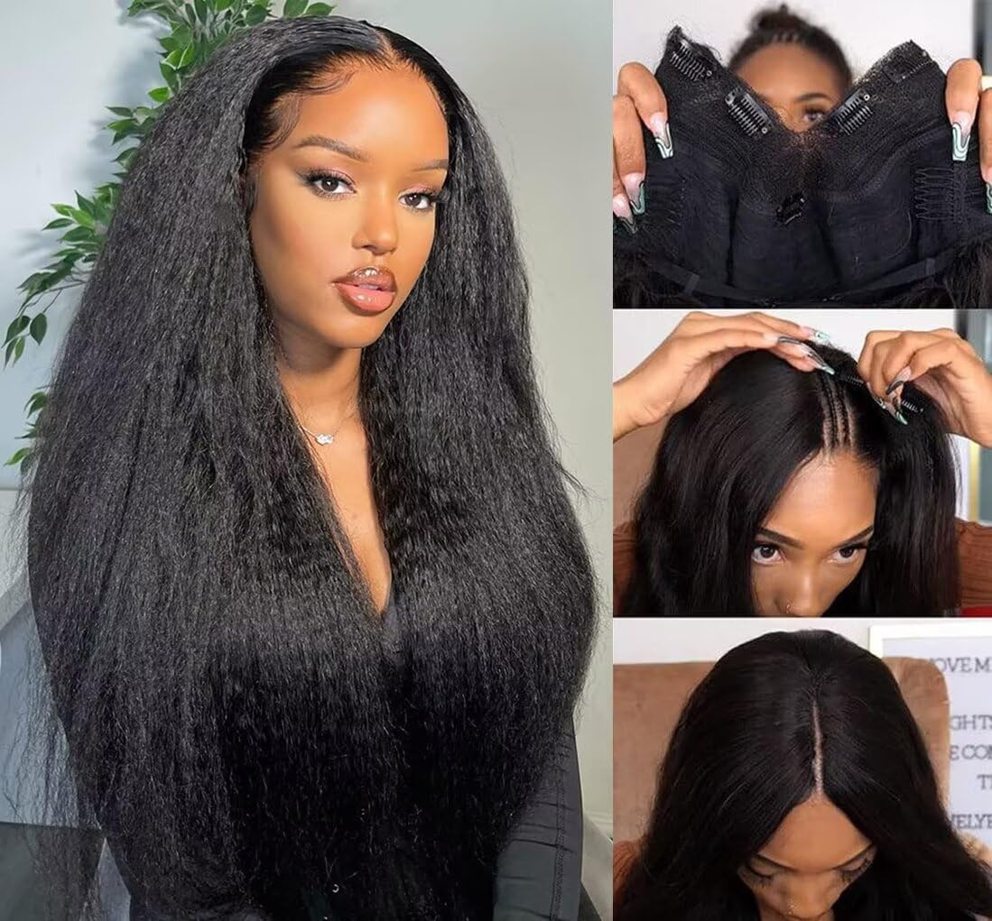 V Part Wig Human Hair Kinky Straight 180% Density Upgrade U Part Human Hair Wig For Women No Leave Out No Glue Beginner Friendly Full Head Clip In Half Wigs Yaki V Shape Wigs 20 Inch Natural Color