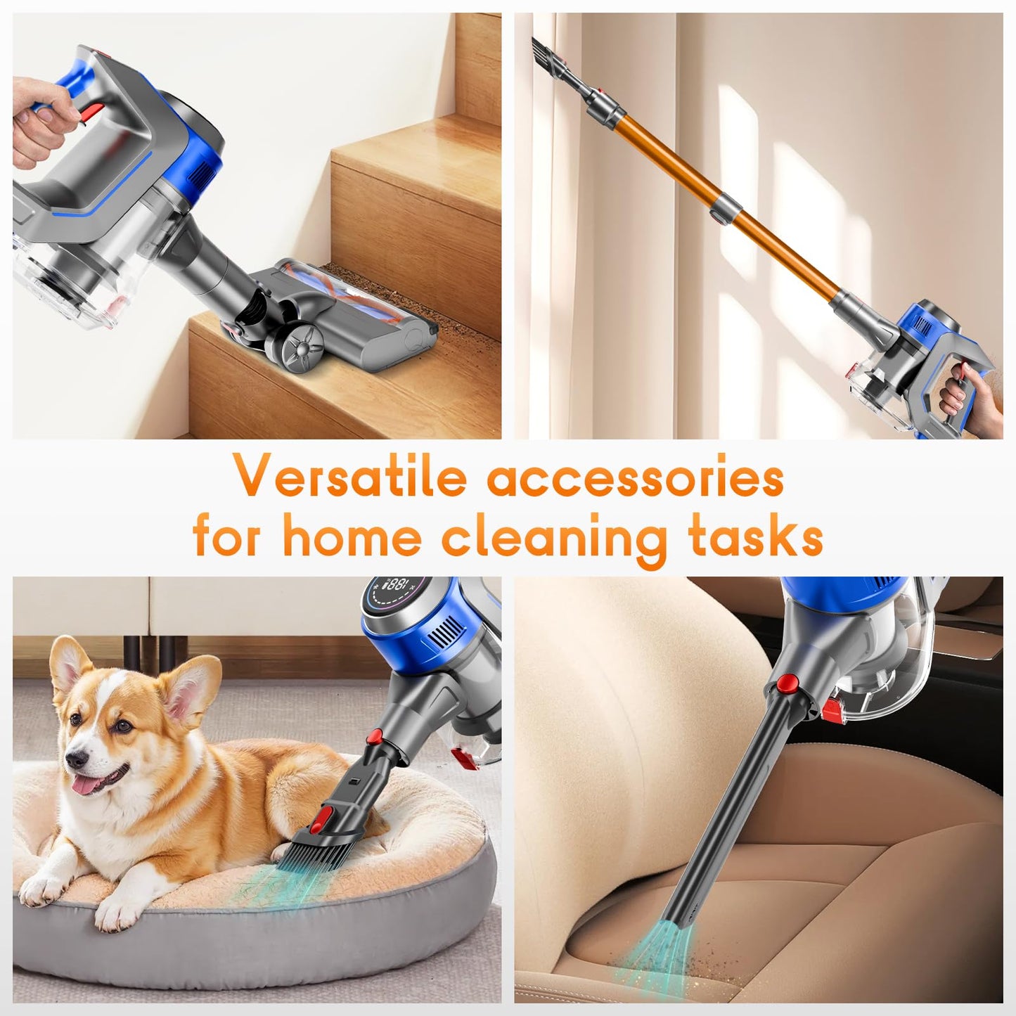 BSNAW Cordless Stick Vacuum Cleaner - Rechargeable, 35Kpa Powerful Vacuums with Detachable Battery, LED Display, 45Mins Runtime, 8 in 1 Handheld Vacuum for Hardfloor & Carpets Pet Hair, Blue