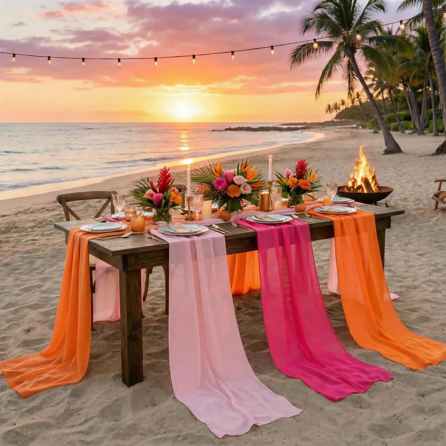 Boao 12 Pcs Red Pink Orange Party Decorations Table Runner Cloth 10Ft Boho Sheer Rustic Fabric Sunset Soiree Party Decorations for Wedding Birthday Baby Bridal Shower Graduation Dawn Sunset Decor