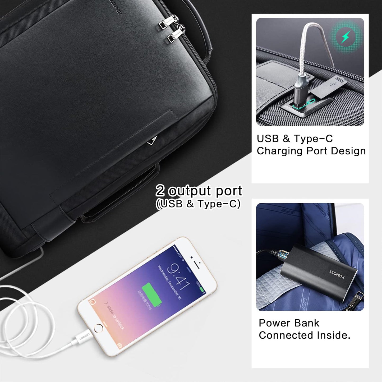 BOPai Business Smart 15.6 Inch Laptop Backpack Convertible Expandable Anti-Theft USB Charging Multi-Functional Travel Professional Work Office Men Commuter Large Black With Bottle Holder Waterproof