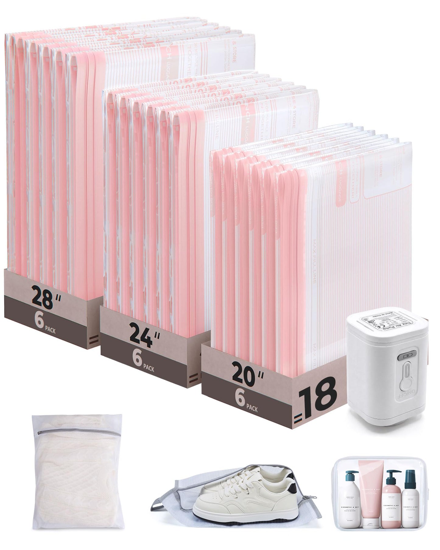 BAGSMART Vacuum Bags for Travel with Rechargeable Air Pump, Portable Space Saver Bags for Travel & Home, Vacuum Compression Seal Bag for Clothing, Blanket, 21 Pack Pink