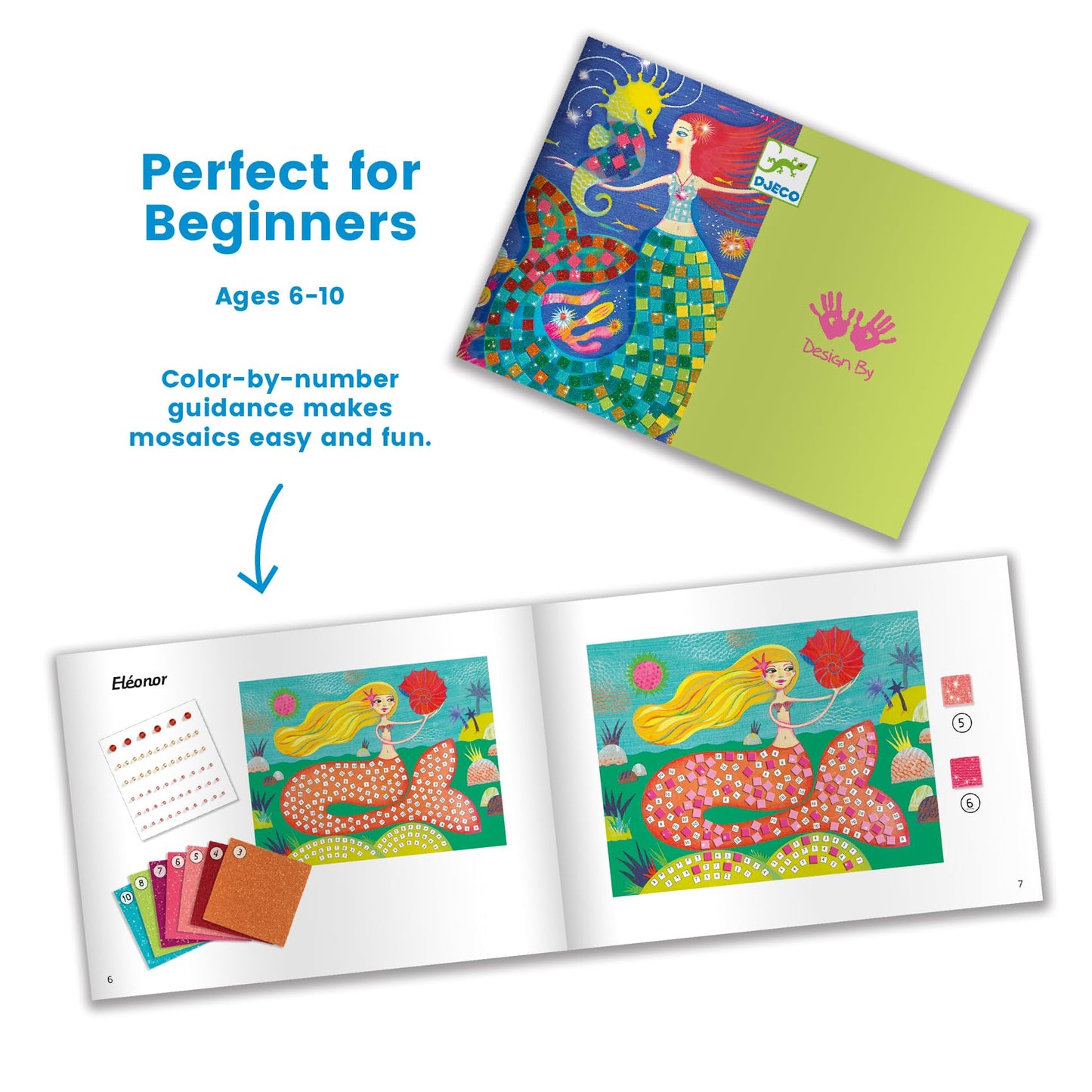 DJECO Mermaid's Song Mosaic Arts & Crafts Kit - Create Your Own Glittery Underwater Scene for School - Fun & Creative for Family & Friends, Boys & Girls, Educational, Sticker Foam for Kids 5+