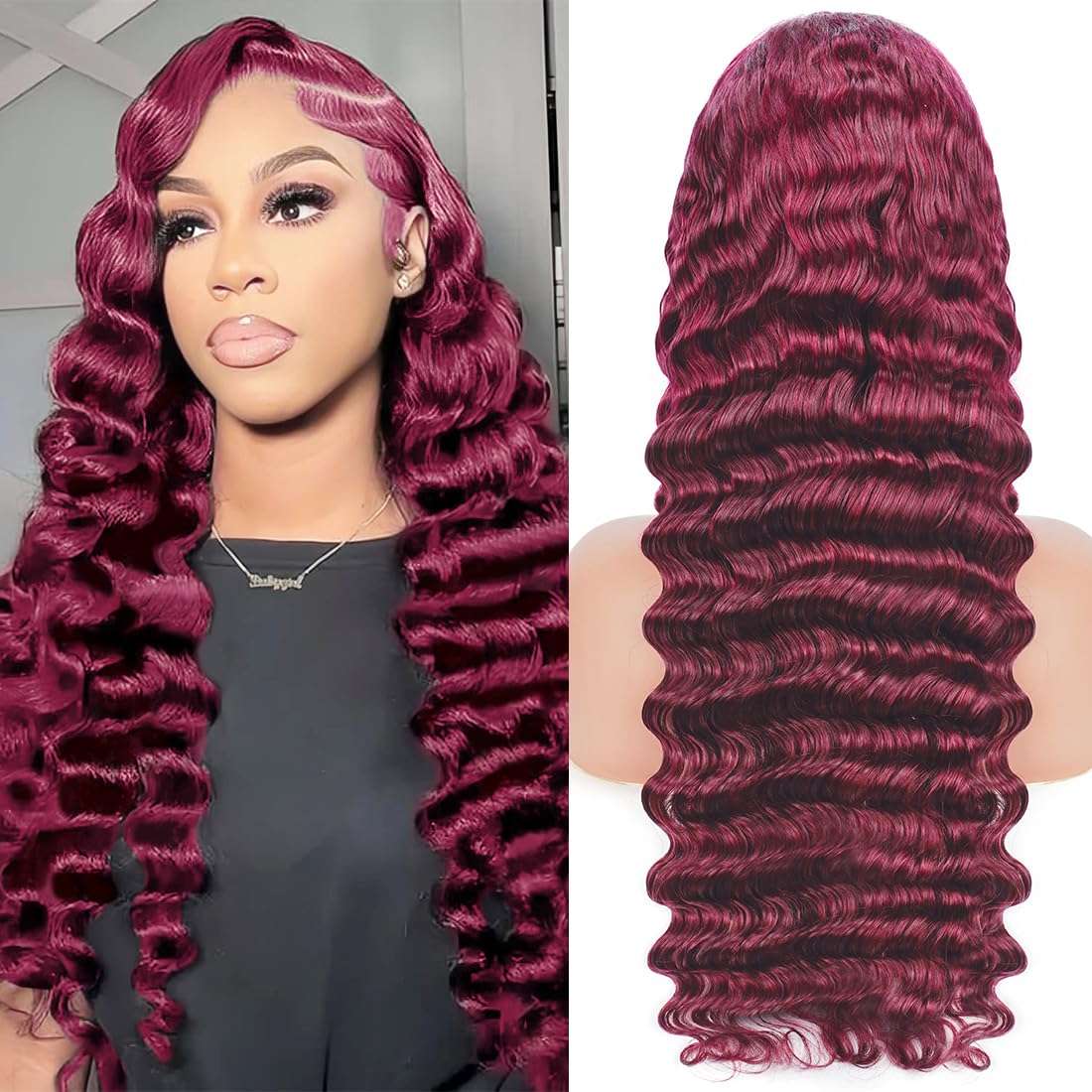 OLFORY Burgundy Lace Front Wigs Human Hair Wigs for Black Women 13x4 HD Transparent Lace Frontal Wigs Pre Plucked 200% Density 99j Loose Deep Wave Wigs Red Wine Brazilian Virgin Glueless Wig 24 Inch