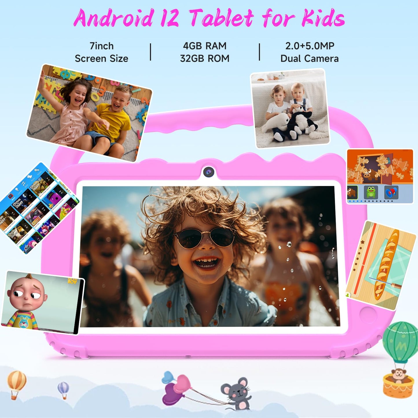 YQSAVIOR Kids Tablet, 7inch 4 GB RAM | Android 12 | 32GB ROM | Bluetooth, IPS Screen, Parental Control, Dual Camera, Shockproof Case | Educational, Games, Pink Case