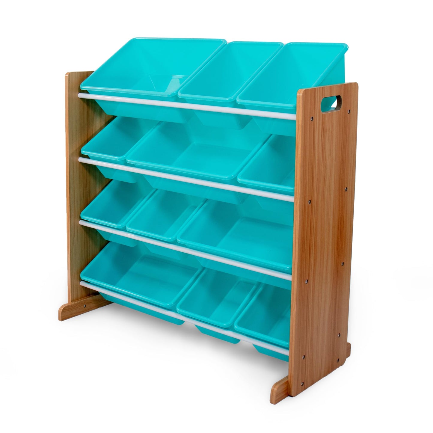 Humble Crew Toy Storage Organizer with 12 Removable Storage Bins for Kids Playroom, 4-Tier Toddler Toy Organization, Natural Wood/Aqua