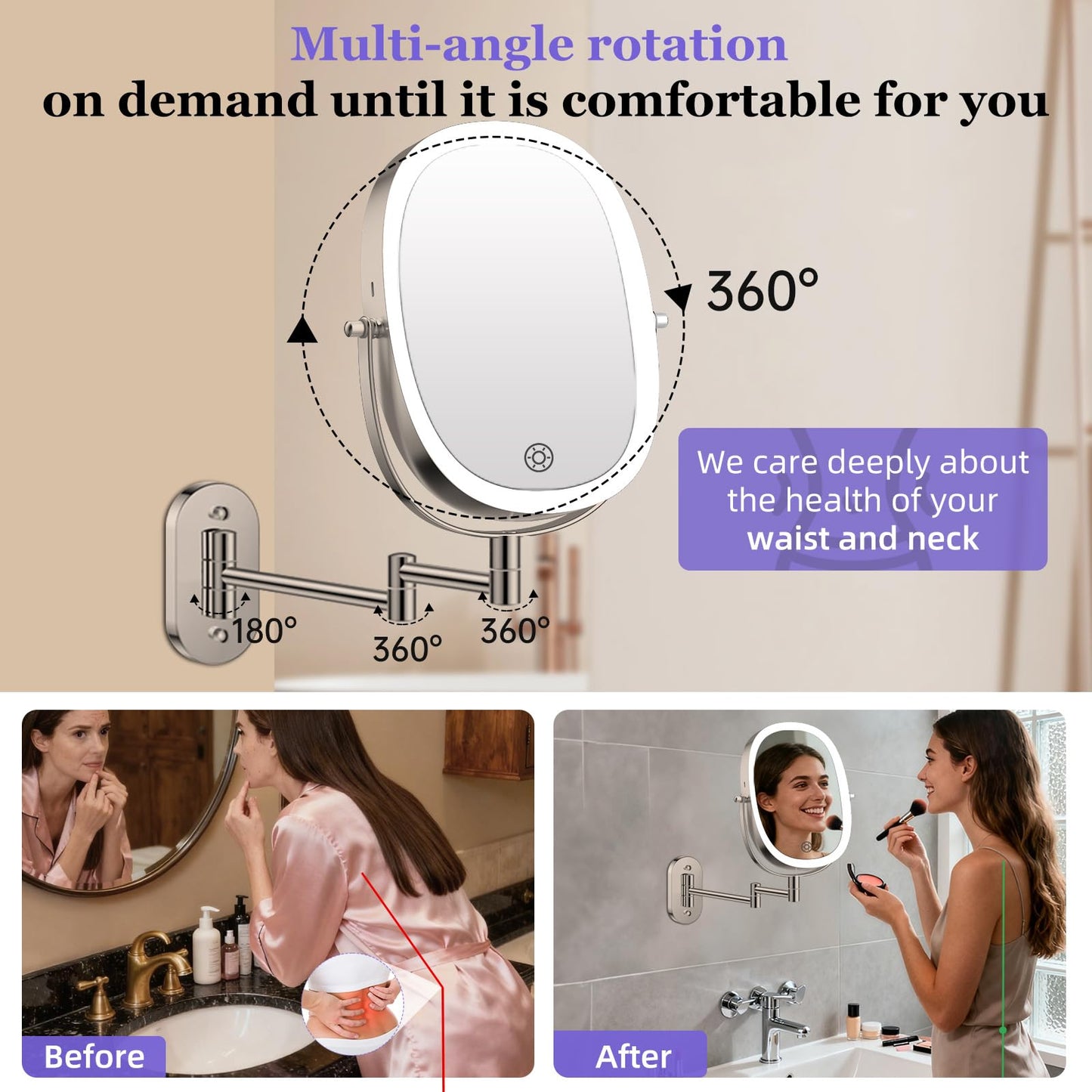 FUNTOUCH 30X/1X Wall Mounted Lighted Makeup Mirror,5000mAh Rechargeable Double Sided Magnifying Bathroom Lighted Mirror, 3 Color Modes Touch Dimmable Extended Arm 360 Rotation, Brush Nickel