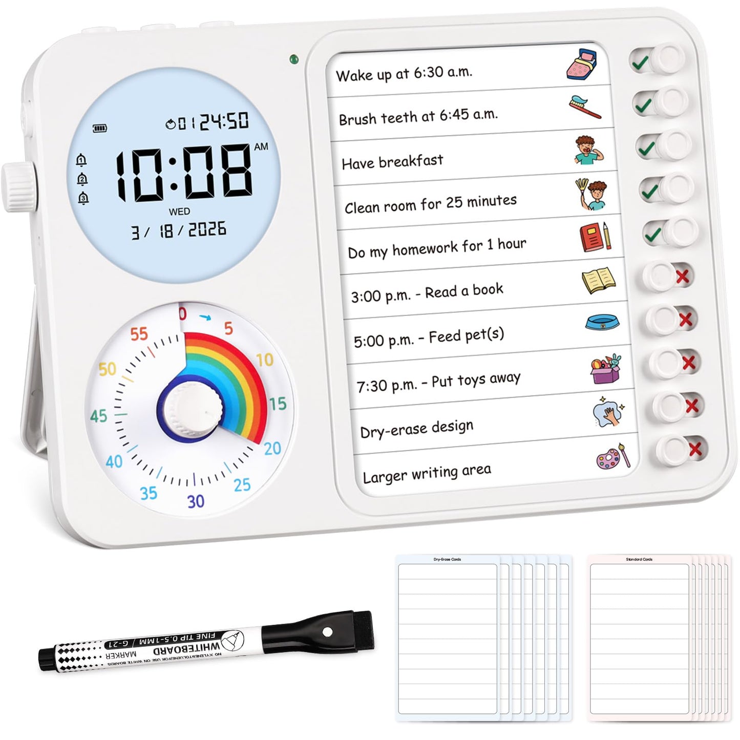 3-in-1 Visual Timer & ADHD Tool for Kids – ADHD Task Timer for Adults with Visual Schedule, Chore Chart & Planning Board for Home, School, Classroom, Work (White)