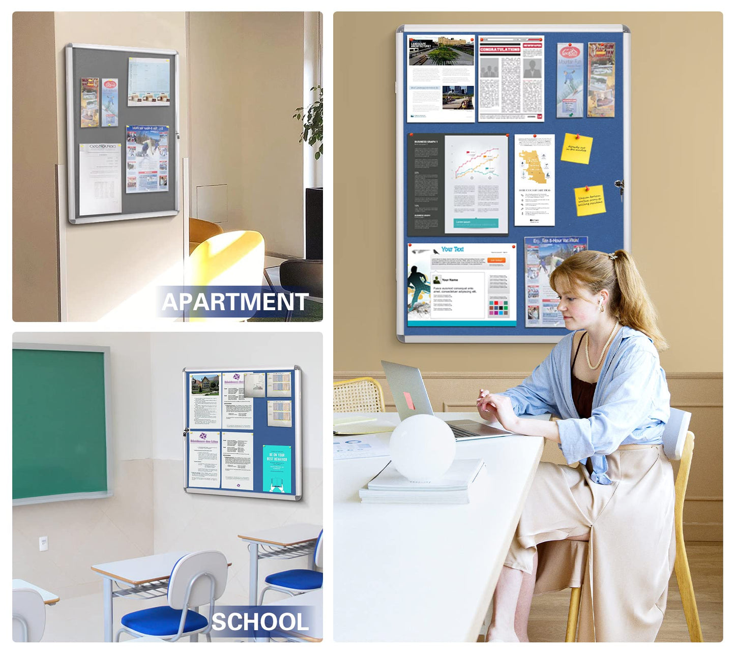 SWANCROWN Enclosed Bulletin Pin Fabric Boards Tamperproof Notice Case for Message Memo Photo,Grey,28x26inch (6xA4)