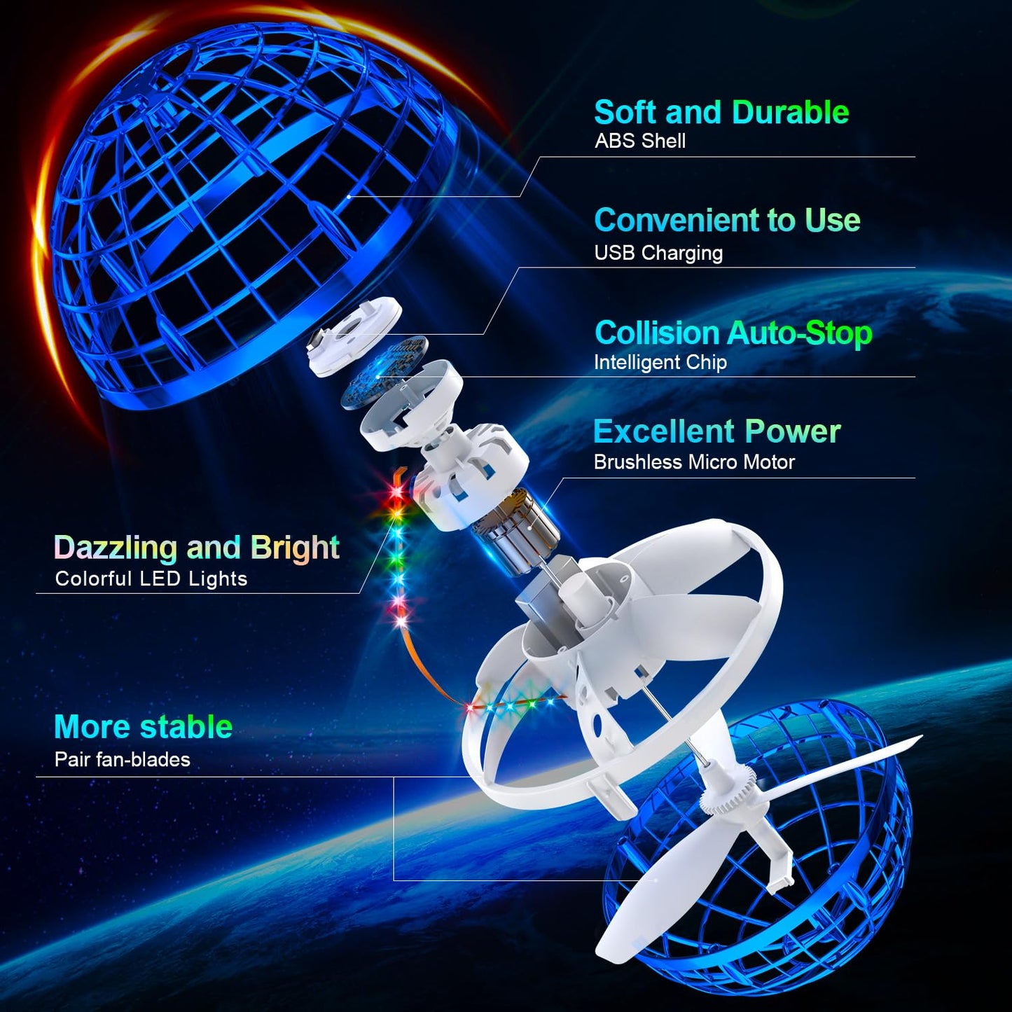 Flying Orb Ball (Blue, 2026 Upgraded) with Dazzling Lights, Magic Hover Spinner, Cool Boomerang Drone, Floating Cosmic Globe, Kids Outdoor Toys, for 6 7 8 9 10 Year Old Boys Girls