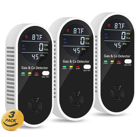 4-in-1 Portable Carbon Monoxide Detectors Plug-in – Natural Gas Leak Detector, Methane & CO Alarm with Dual Sensor, Temperature & Humidity Display for Home, RV, Travel, 3 Pack