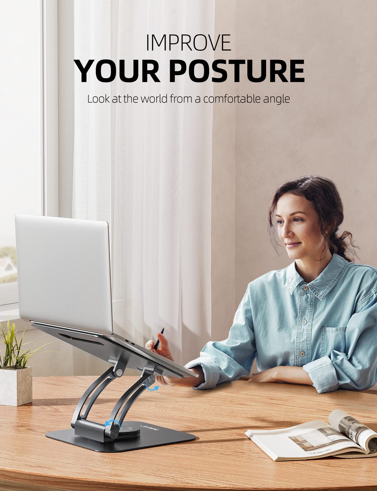 Nulaxy 360° Rotating Laptop Stand for Desk, Ergonomic Notebook Riser with Adjustable Swivel Base Foldable Computer Holder Portable Office Accessories Compatible with All 10-17" Laptops