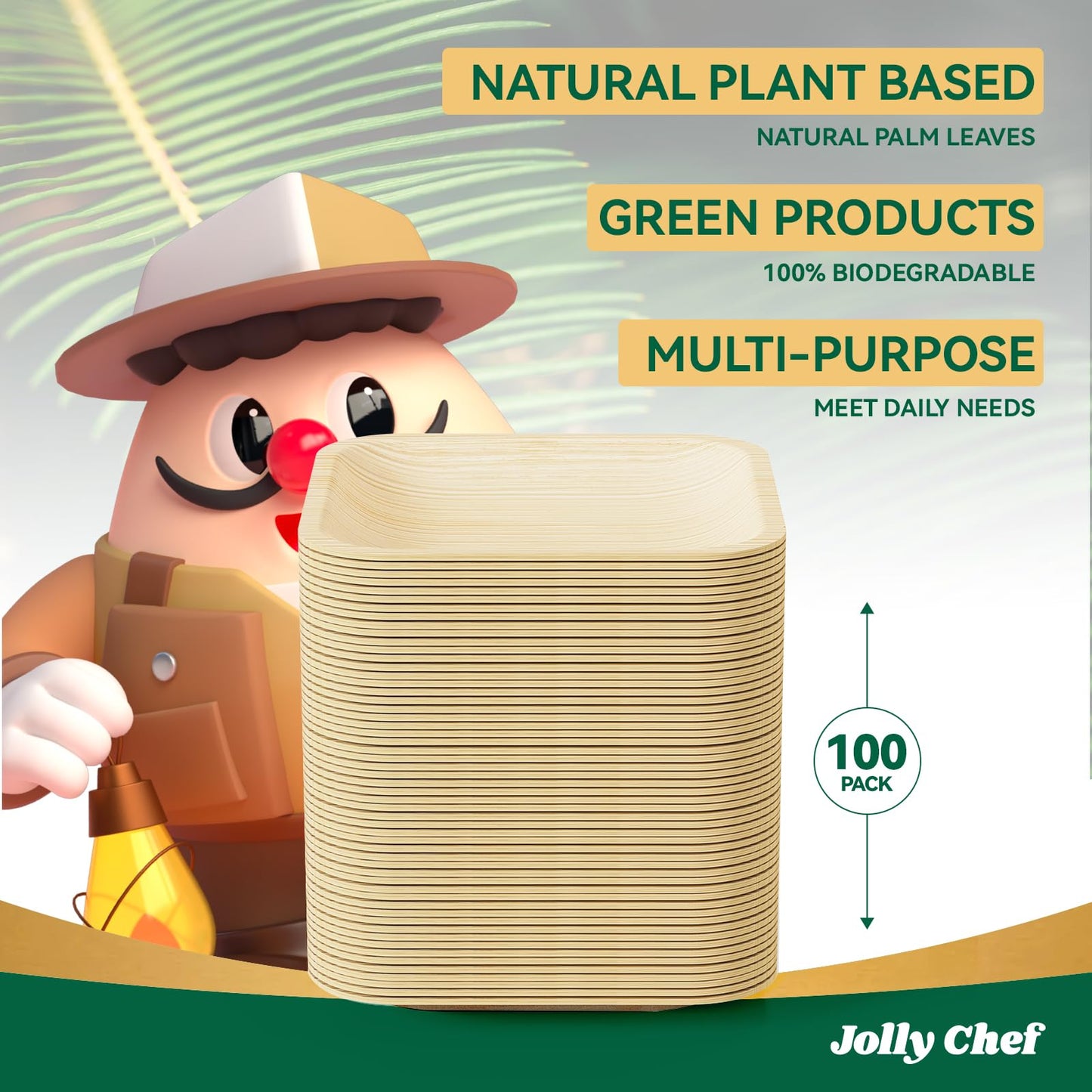 JOLLY CHEF Palm Leaf Plates, 6 Inch 100 Pack Bulk Disposable Like Bamboo Square Plates, Party Compostable Ideal for Dinner, Wedding, Party