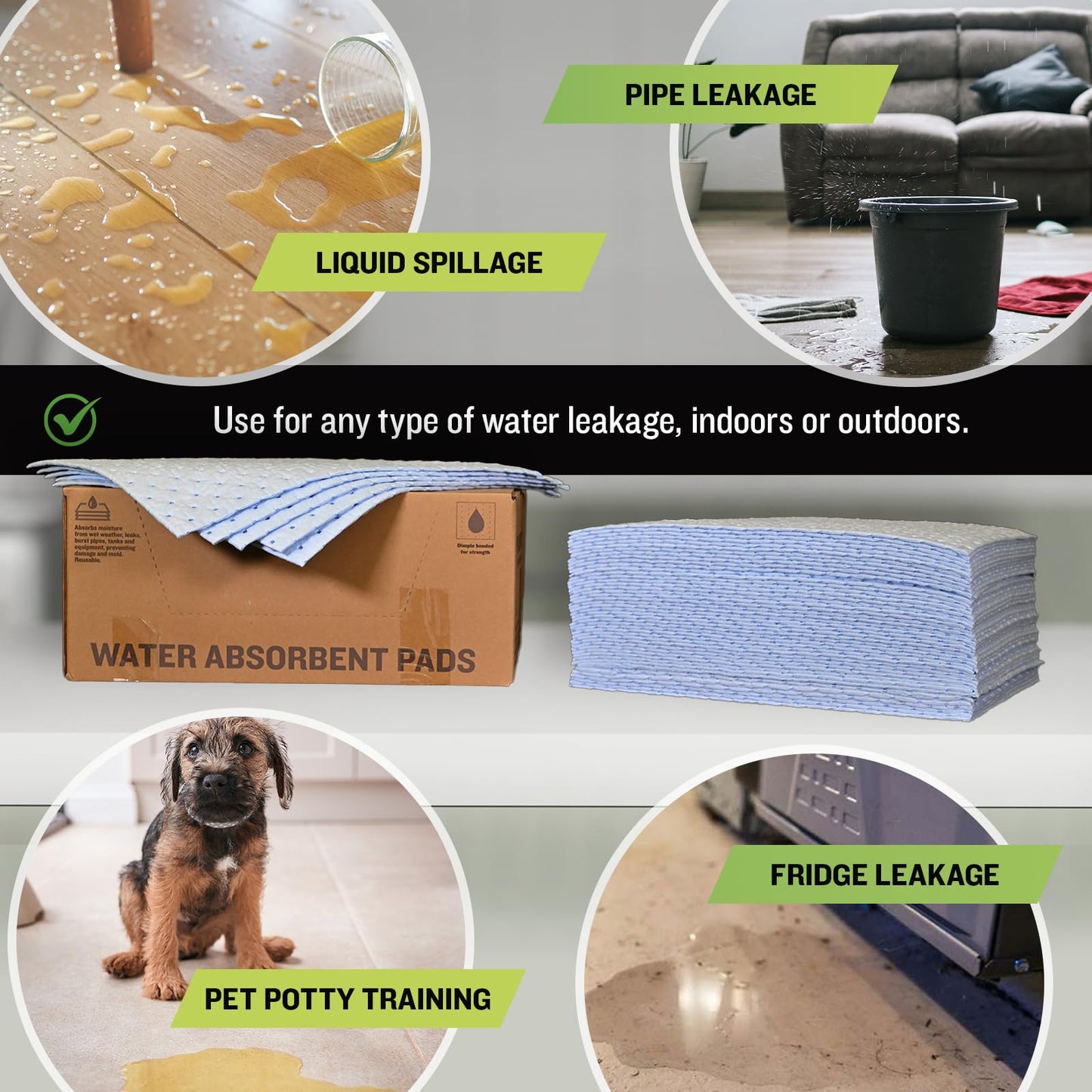 FlashDry Water Absorbent Pads 100 per Box, 17.5"x13.5" - Reusable and Hand Wringable Pads, Ideal for Water Leaks, Spills, Storm Damage Cleanup, Perfect for Basements, Garages, and Under-Sink Cabinets