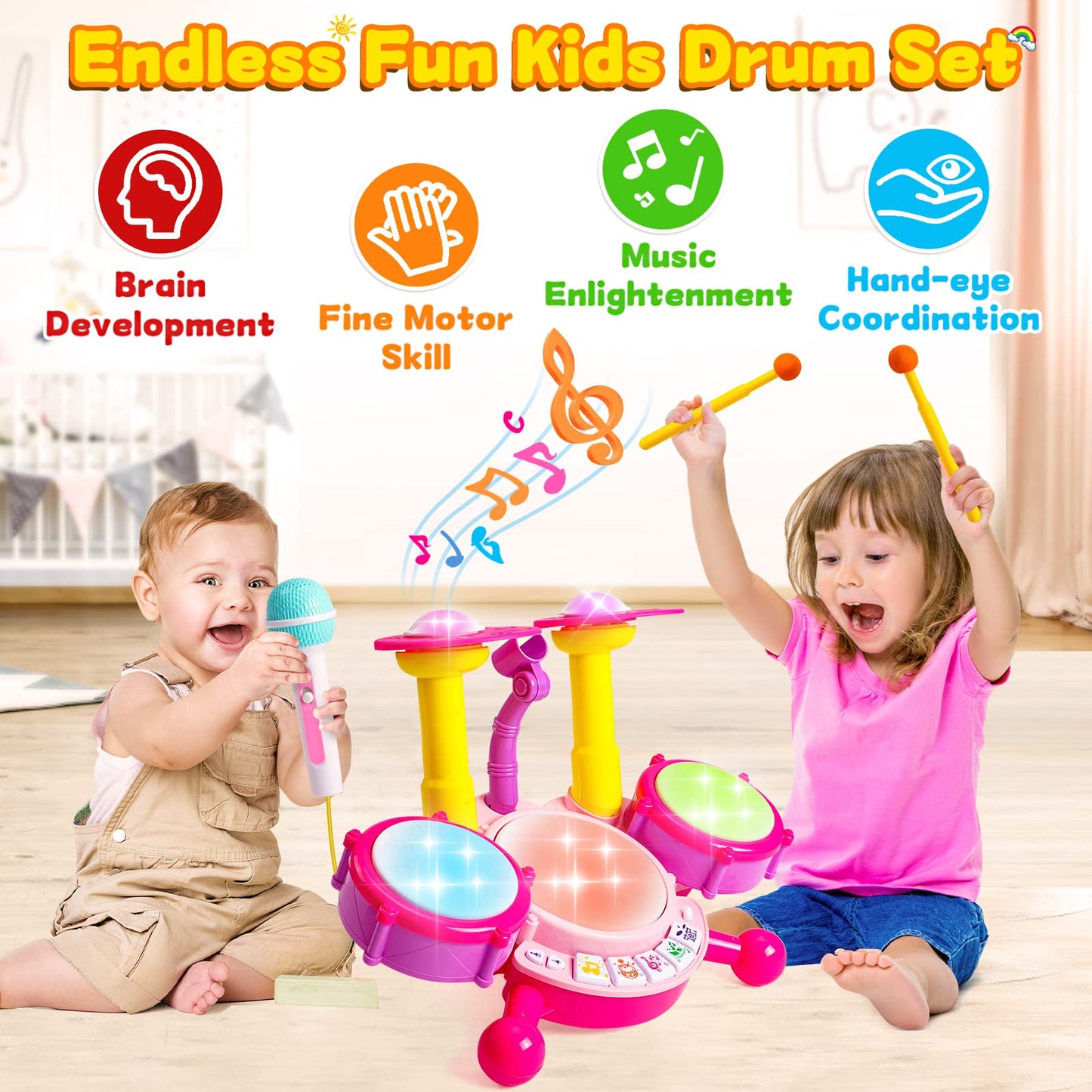 Kids Drum Set for Toddlers with Musical Instruments and Microphone, Ideal Gifts for 1-2 Year Old Boys & Girls, Age 1-3
