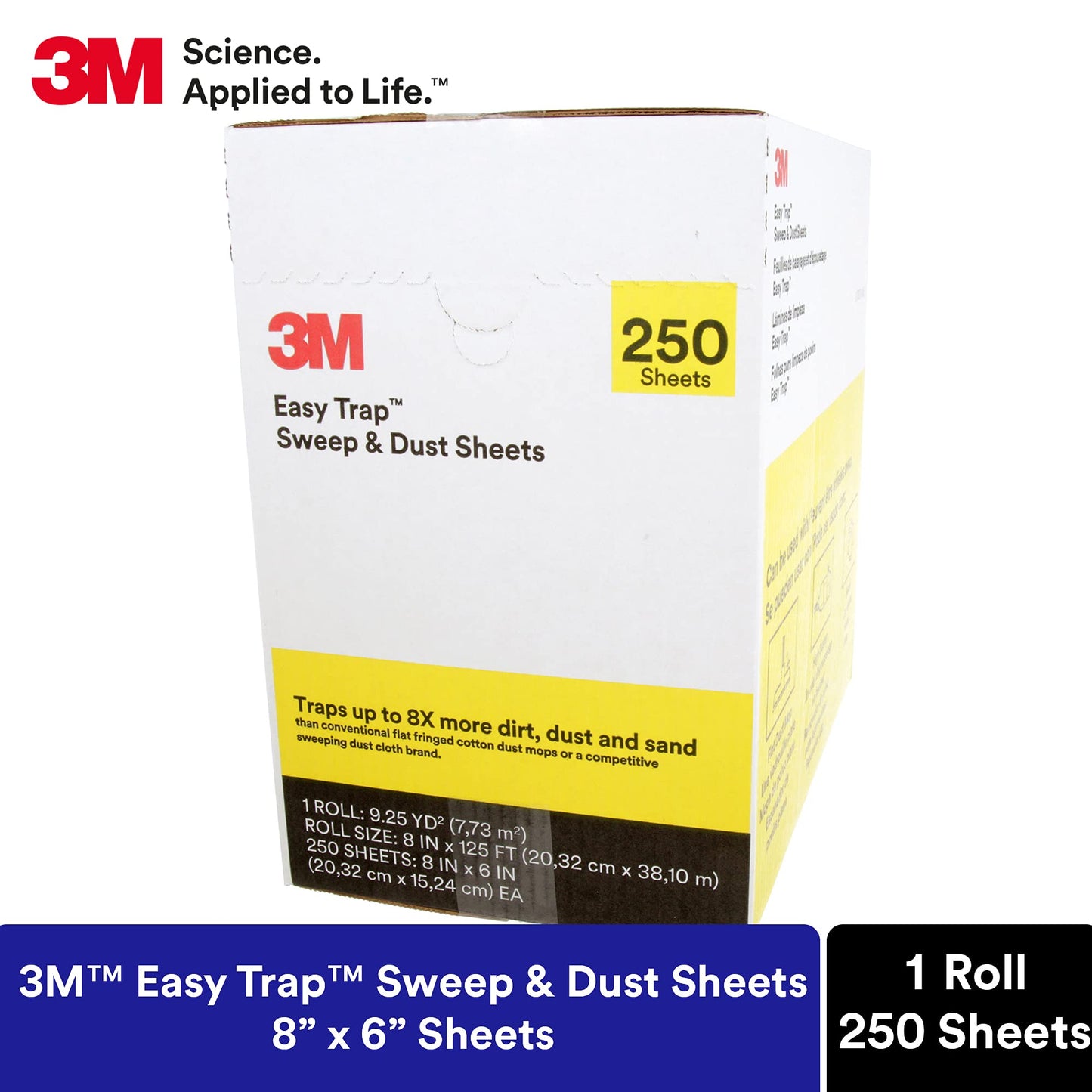 3M Easy Trap Sweep and Dust Sheets, 1 Roll of 250 8" x 6" Sheets, Disposable Easy Sweep Floor Duster, Picks Up 8x More Dirt, Dust, Sand, Hair, Works on Dry or Wet Surfaces, 55654W