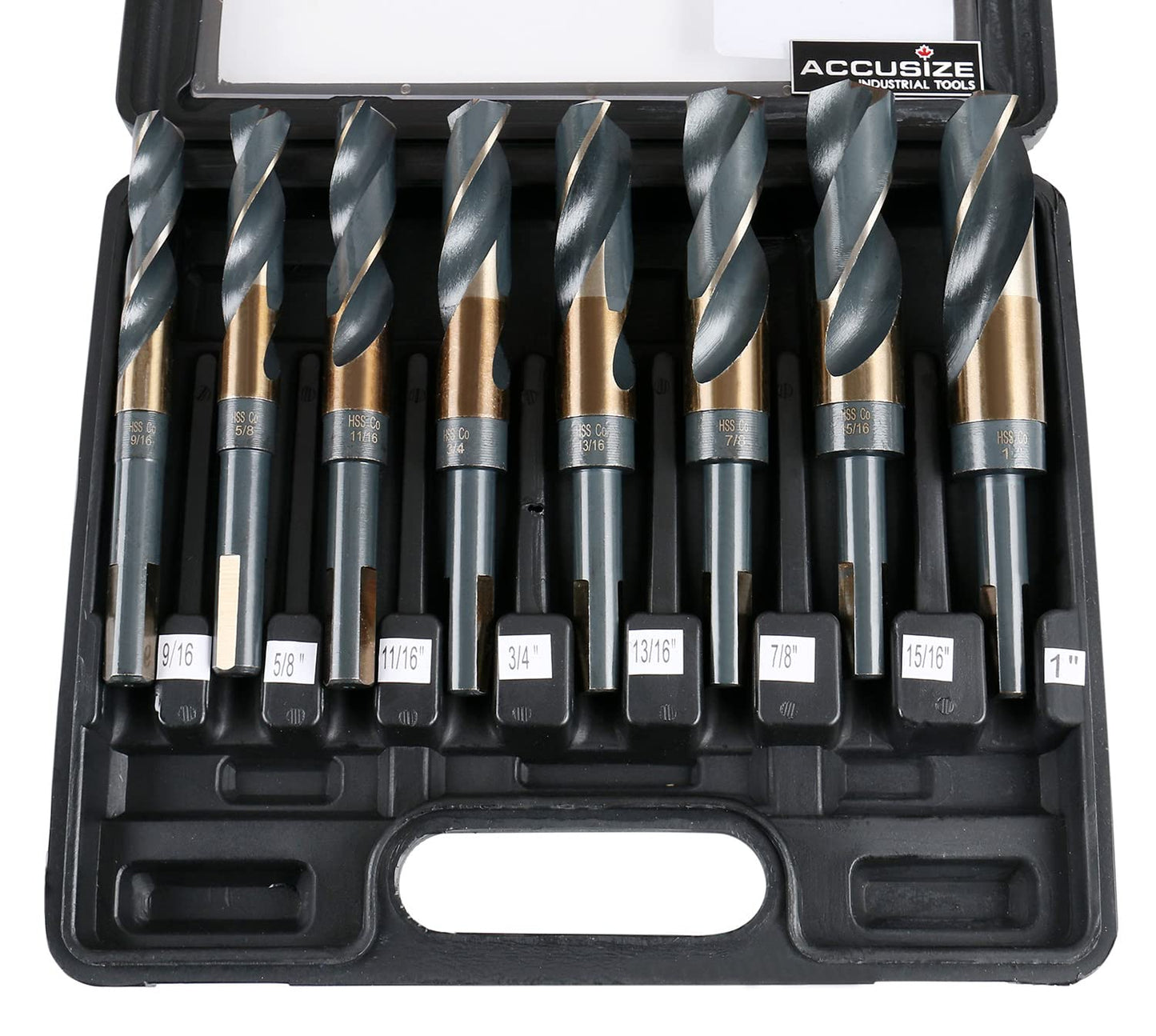 Accusize Industrial Tools M35 (H.S.S.+5% Cobalt) 1/2" Shank and Drill - 9/16" to 1", Set of 8 Pieces, H516-6507