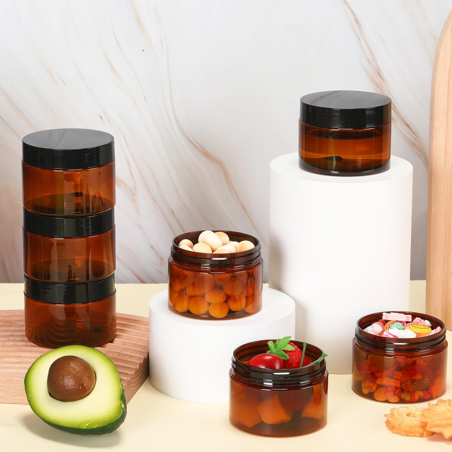 Tanlade 100 Pcs 4 oz Amber Plastic Cosmetic Jars with Lids Empty Leak Proof Container Round Airtight Refillable Cosmetic Jars for Cream, Lotion, Powder, Ointment, Beauty Products Travel Storage