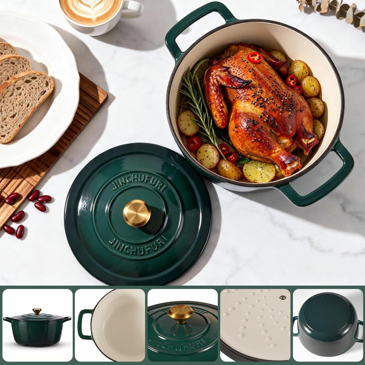 Cast Iron Dutch Oven with Lid - JINCHUFURI Enameled Cast Iron Dutchs Oven 5 Qt enamel dutch ovens Pot Heavy-Duty Cookware for Sourdough Bread Baking,Stews, Roasting,Braising(Green)