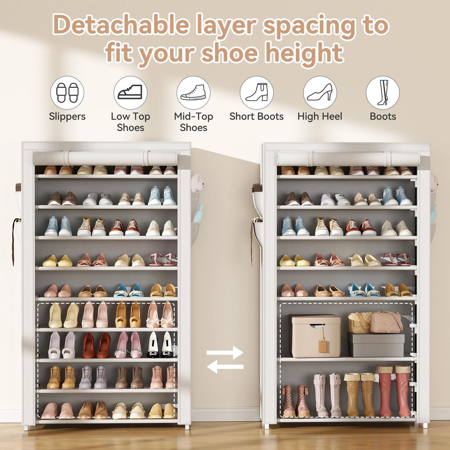LANTEFUL Shoe Rack with Covers 10 Tier Tall Shoe Rack Organizer Large Capacity Shoe Shelf Storage 40 Pairs Space Saving Free Standing Shoe Storage Organizer for Closet, Entryway, Dorm, White