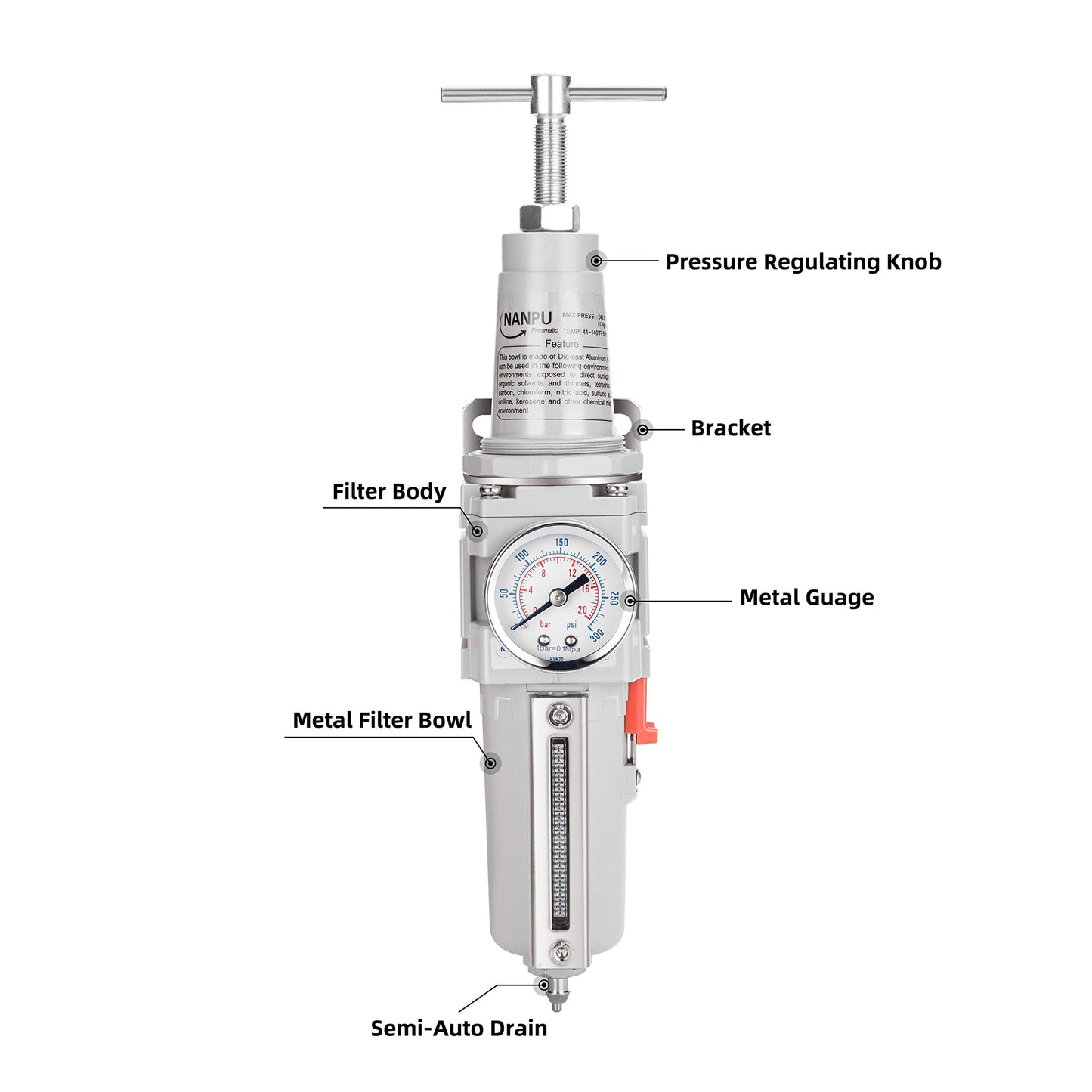 NANPU 1/2" NPT High Pressure Air Filter/Regulator Combo, T-Handle, Semi-Auto Drain, 0-300 Gauge, Metal Bowl