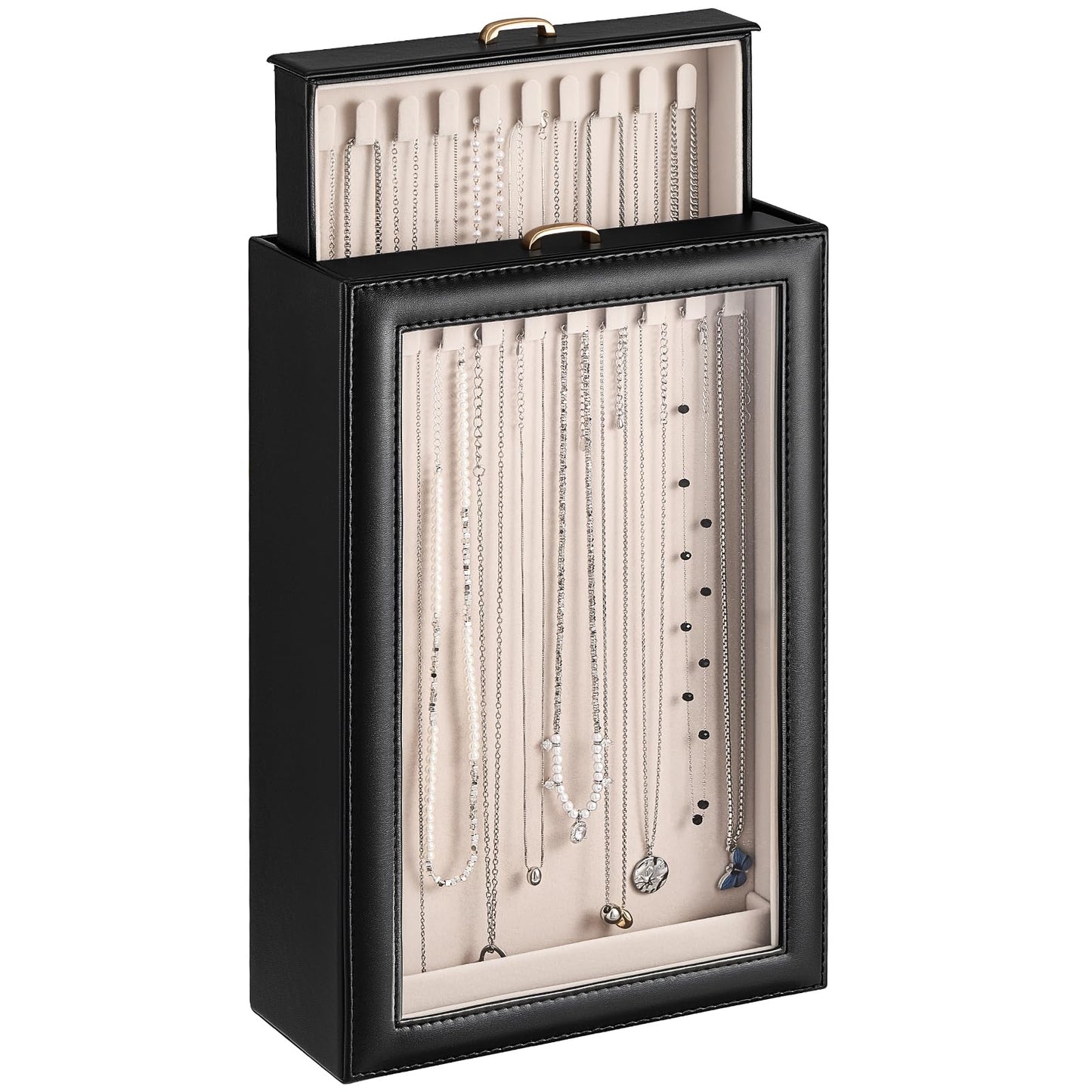 Lolalet Necklace Organizer Box, Jewelry Storage Box with Clear Window for Necklaces Bracelets, Tangle-Free Necklace Display Case for Women Girls, Black, 2 Layers 20 Hooks