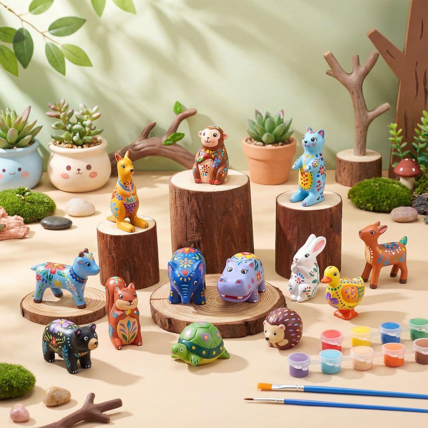 DoubleFill 12 Pcs Rock Painting Kit Paint Your Own Resin Shaped Stone Like Material Animal Figures Ideal DIY Arts and Crafts Complete Painting Crafts with Paint, & Brush