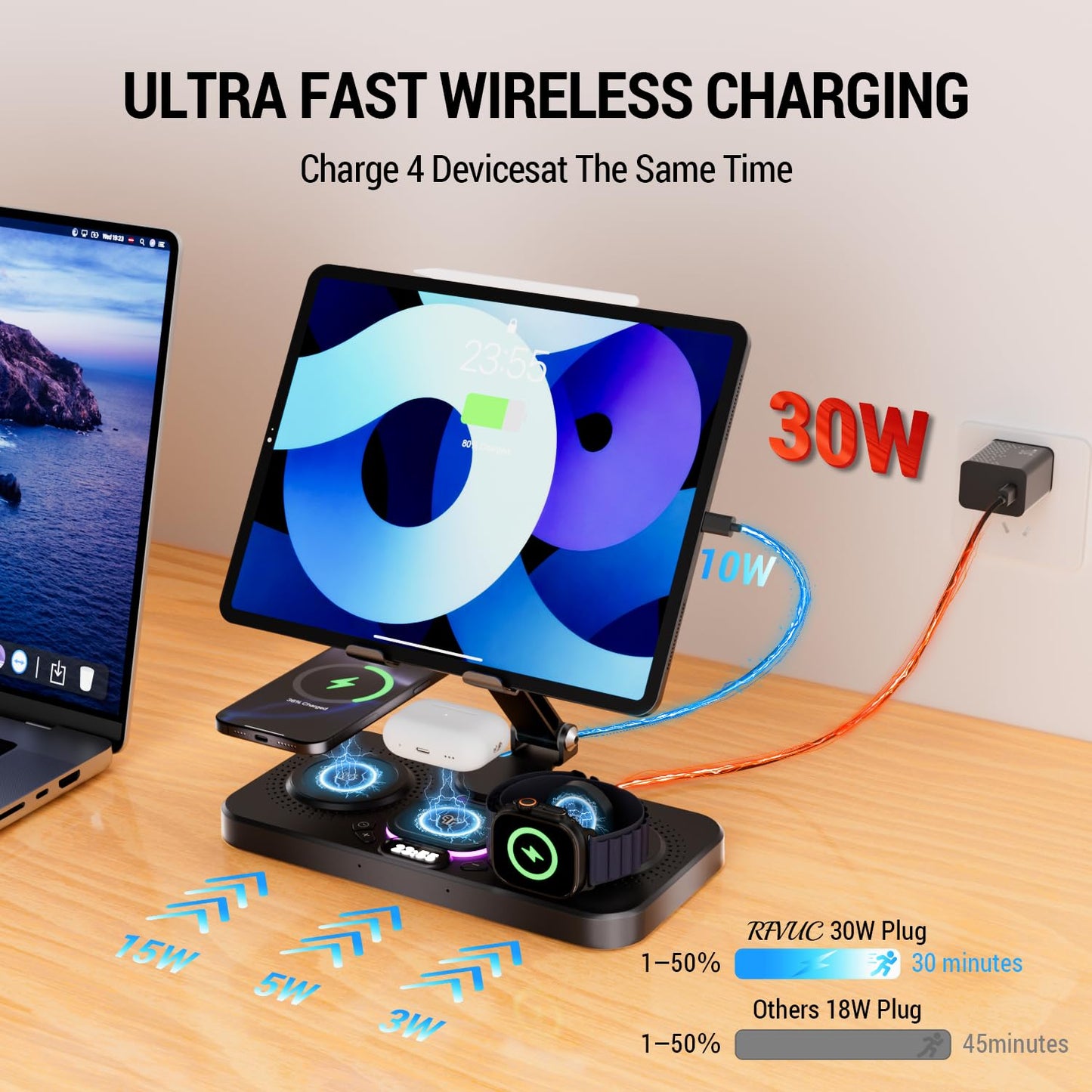 RFVUC 6 in 1 Wireless Charging Station, 30W Wireless Charger with Clock & 7-Color Night Light, Charging Stand Dock for iPhone 16/15/14/13/12/Pro/Max/XR/Samsung Galaxy,for AirPods iPad Apple Watch