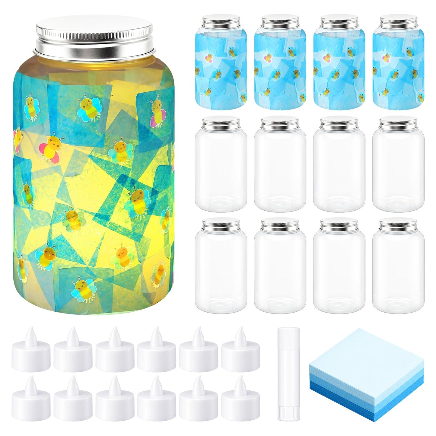 Qinyoung 12 Pcs Fall Crafts Maple Leaves Mason Jars Crafts with LED Candle Light DIY Suncatchers Decoration Make Your Own Autumn Mason Jars Tissue Paper Supplies for Fall Autumn Projects Activity